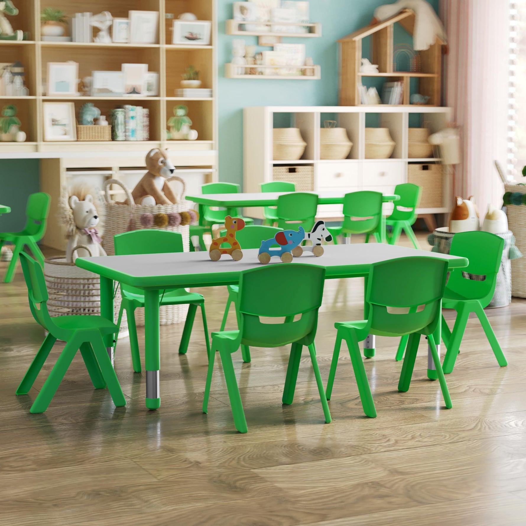 Flash Furniture Emmy Adjustable Classroom Activity Table with 6 Stackable Chairs, Plastic Activity Table for Kids, 23.625" W x 47.25" L, Blue/Gray