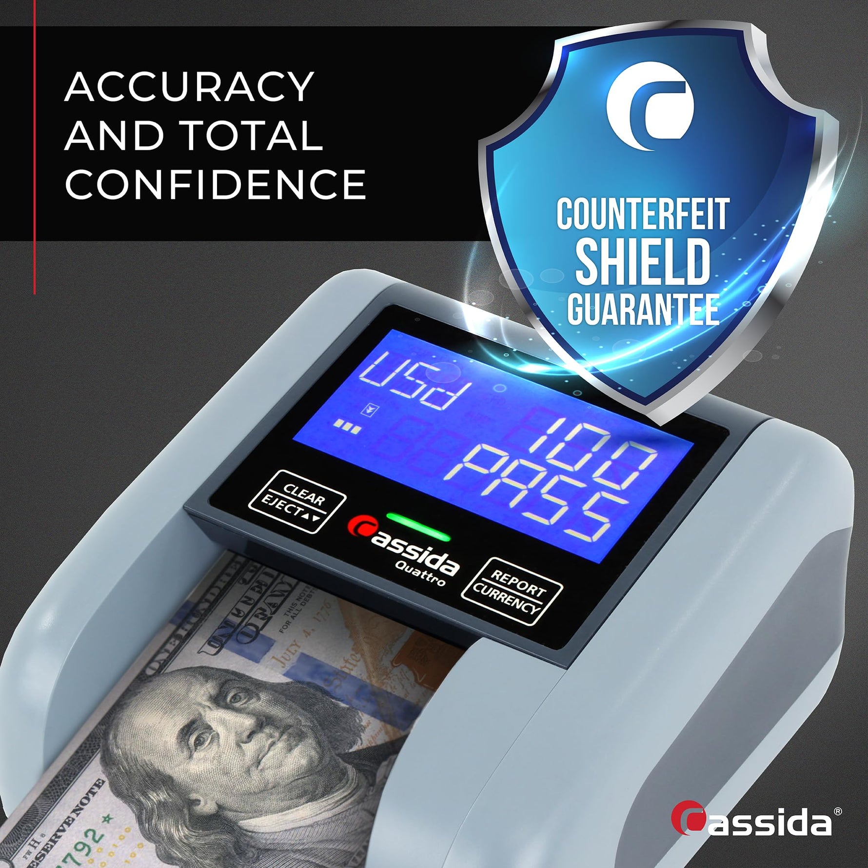 Cassida Quattro Fast Automatic Currency Counterfeit Detector with Advanced Sensors (UV,MG,IR,MT,Thickness,Size) - All-Orientation Feeding - Rechargeable Battery - 3.5" Value (Pass/Fail + UV/MG)