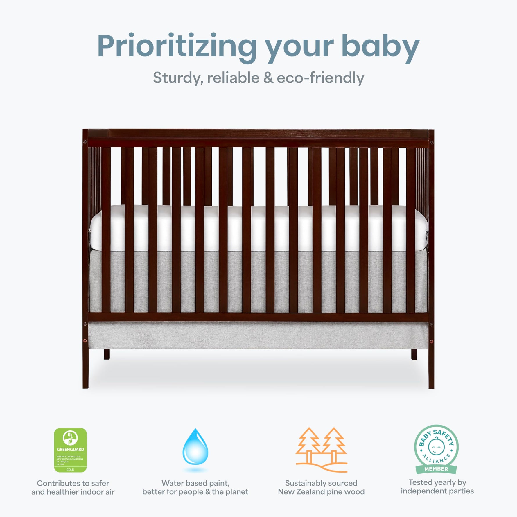 Dream On Me Synergy 5-in-1 Convertible Full-Size Baby Crib with Toddler, Day & Full Bed Conversion in White, GreenGuard Gold & BSA, 3 Mattress Heights, Sustainable Pinewood