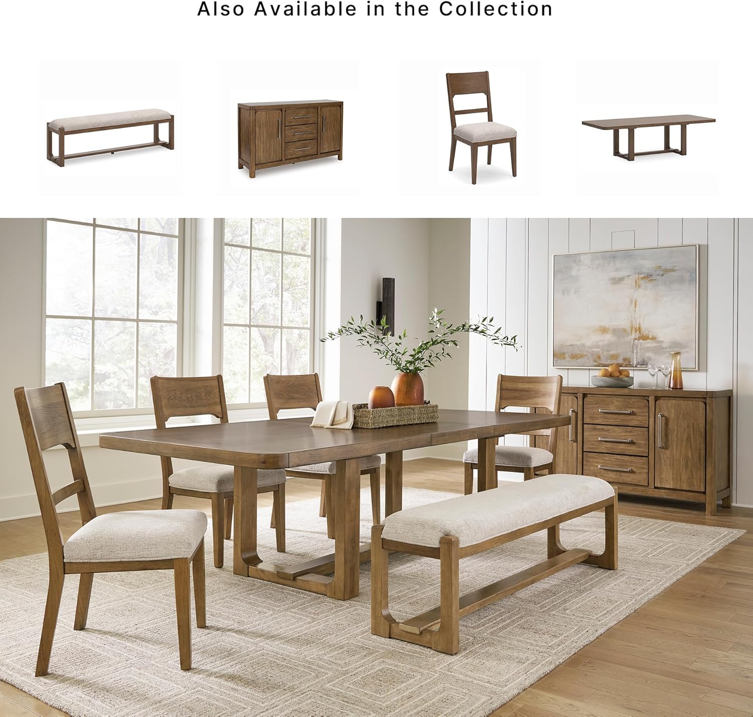 Signature Design by Ashley Cabalynn Farmhouse Upholstered Dining Bench, Foam Cushion, Hardwood Solids, 63.5" W x 16.5" D x 19.75" H, Beige & Light Brown