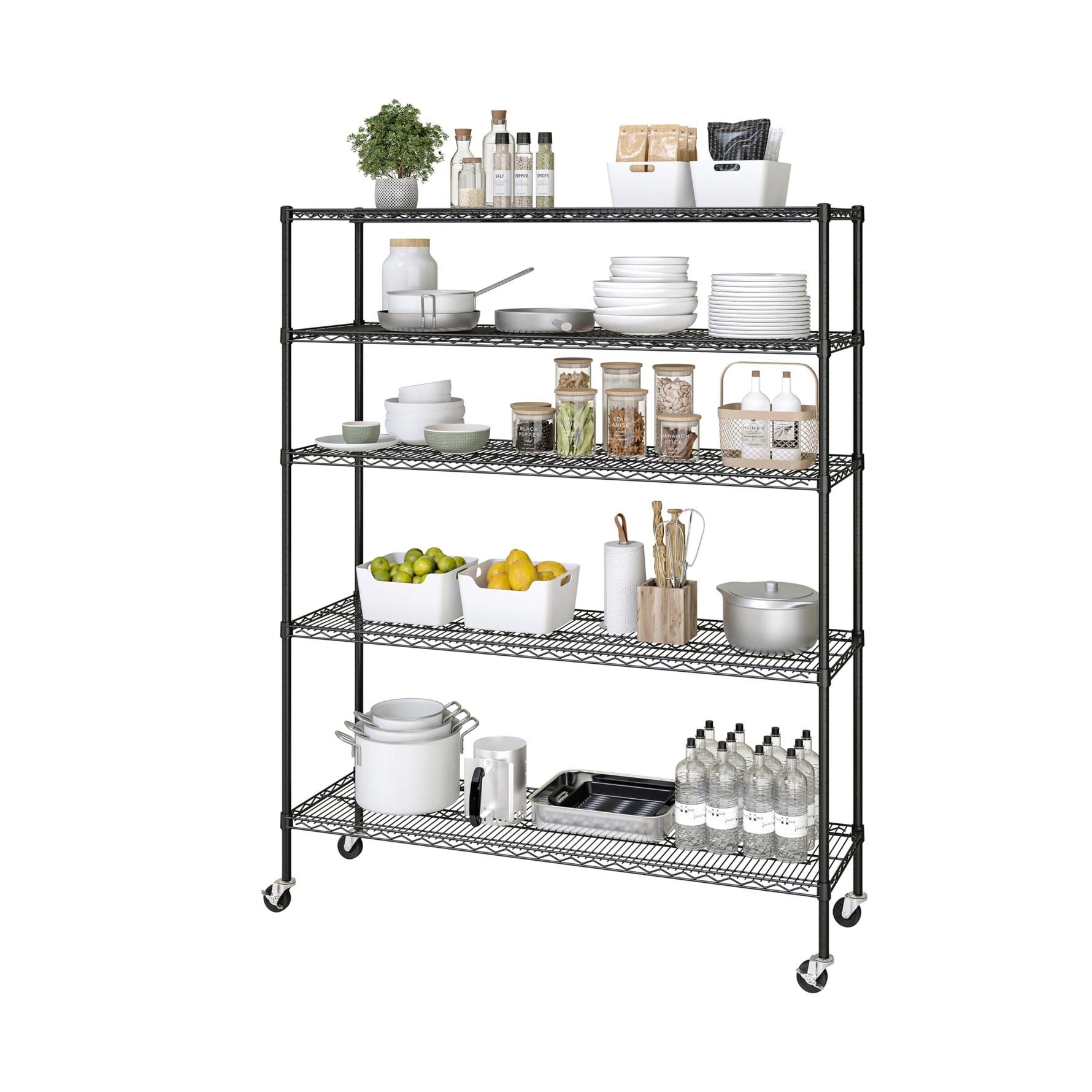 UltraDurable 5-Tier NSF Steel Wire Shelving, 48"W x 24"D x 76"H, Black | Heavy-duty commercial-grade solid steel wire storage rack featuring 800 pounds per shelf weight capacity