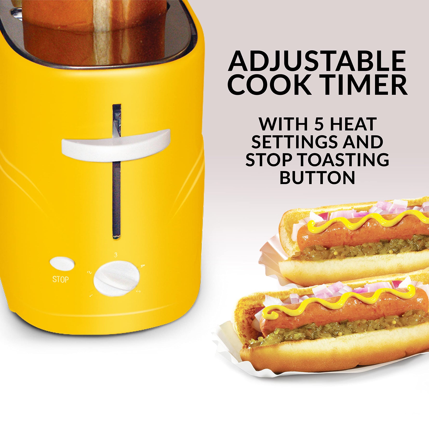 Oscar Mayer 2 Slot Hot Dog and Bun Toaster with Mini Tongs, Hot Dog Toaster Works with Chicken, Turkey, Veggie Links, Sausages and Brats, Yellow