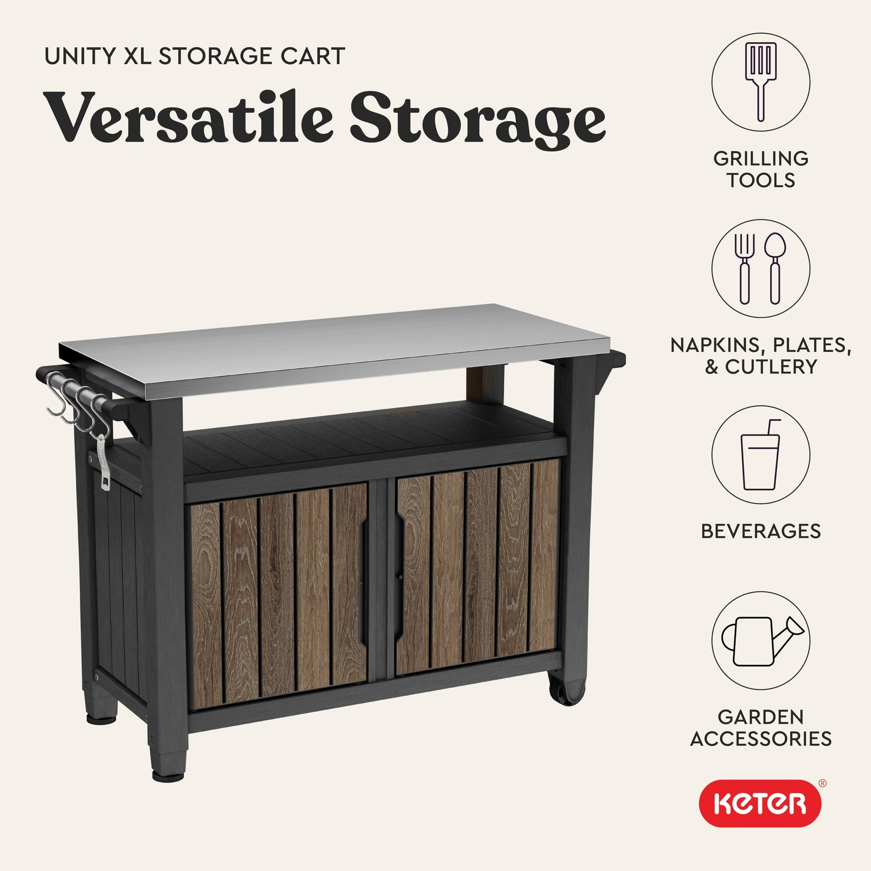 Keter Unity XL Portable Outdoor Table with Stainless Steel Top for Kitchen Prep and Outdoor Storage Cabinet for Grilling Accessories, Dark Grey