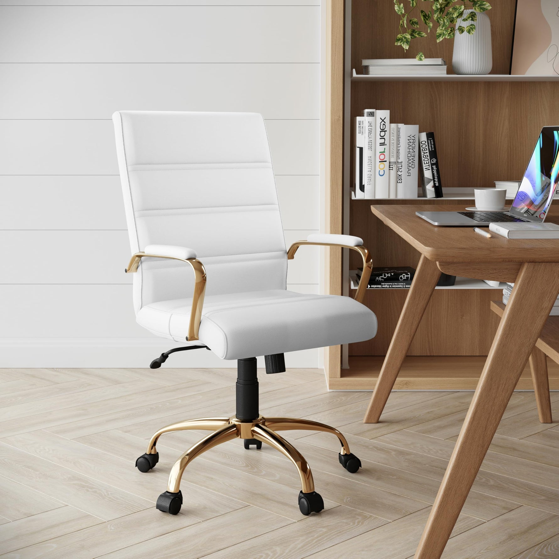Flash Furniture Whitney Mid-Back Swivel LeatherSoft Desk Chair with Wheels, Padded Seat and Armrests, Adjustable Height Padded Office Chair, Black