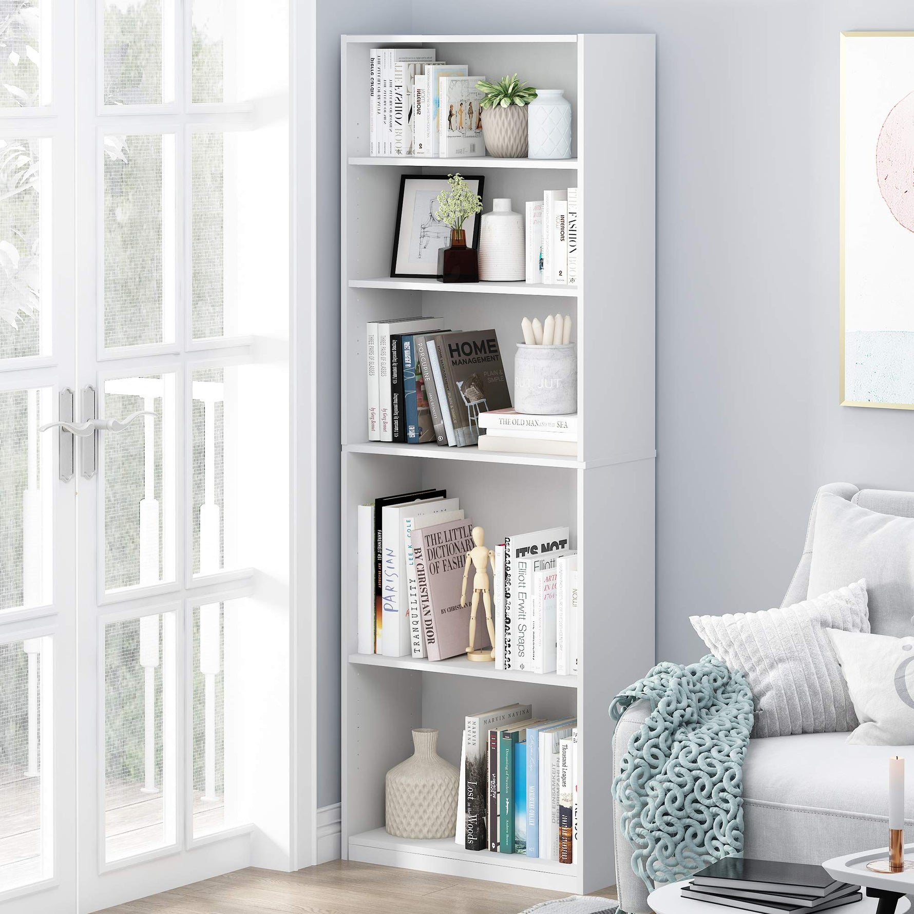Furinno Jaya Book Shelf, 5-Tier Bookshelf, Bookcase with Adjustable Shelves, 9.5 x 24.5 x 71.2, for Organization and Storage, for Living Room, Bedroom, Home Office, Blackwood