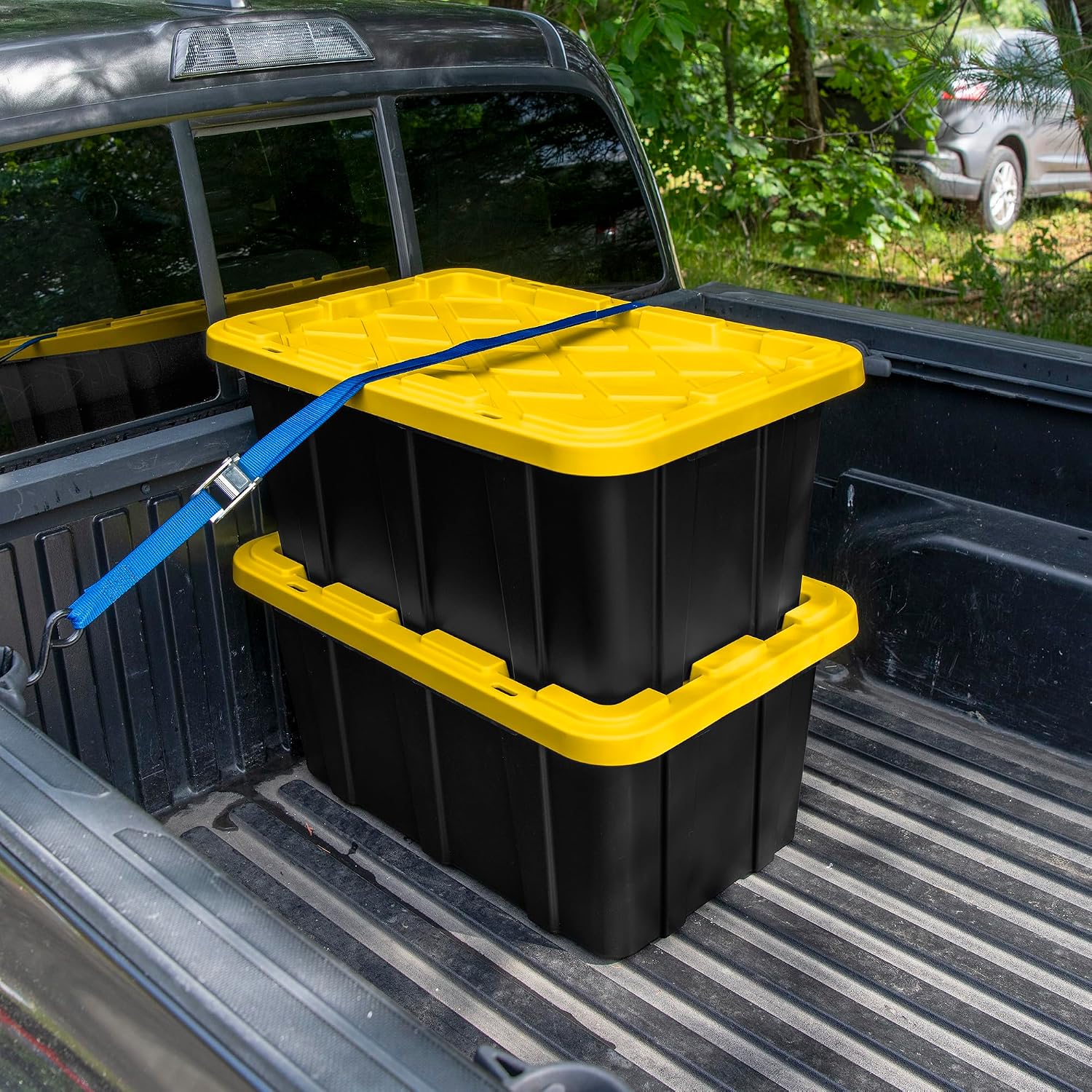 Sterilite Industrial Storage Tote with Lids for Garage, 27 Gallon, 4-Pack | Heavy-Duty and Stackable Utility Box Containers for Home, Office, and Basement Organization, Black/Yellow