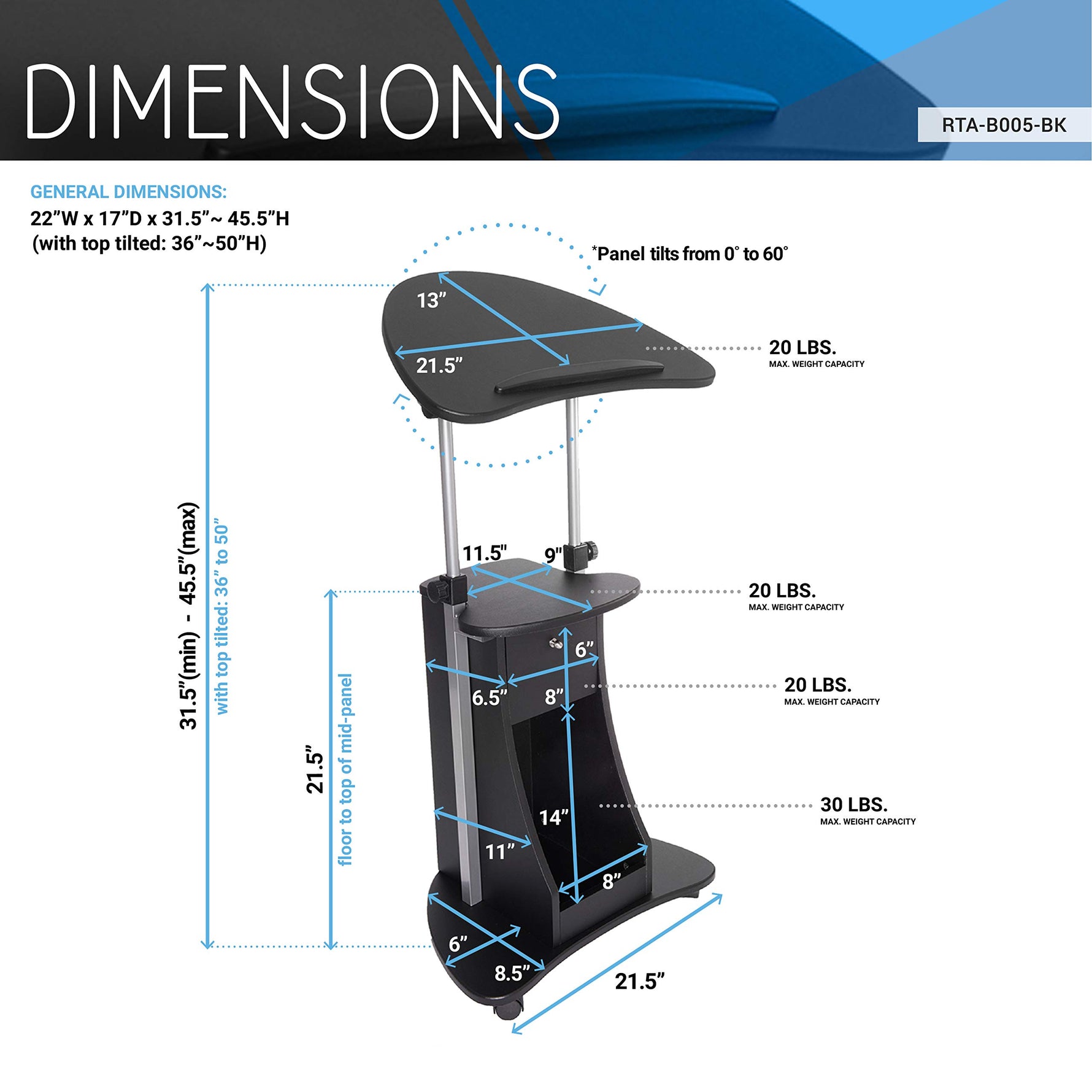 Techni Mobili Sit-to-Stand Rolling Adjustable Height Laptop Cart with Storage, Graphite, 22 x 16 x 46