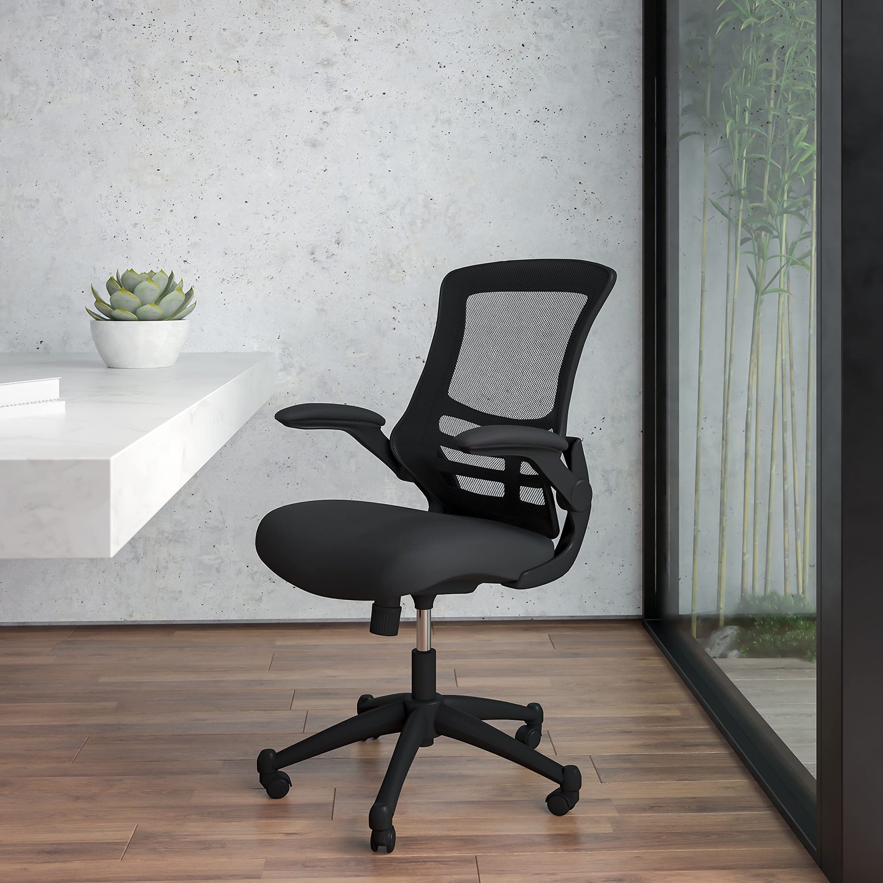 Flash Furniture Kelista Mid-Back Swivel Office Chair with Adjustable Seat Height, Ergonomic Mesh Desk Chair with Flip-Up Armrests, Black