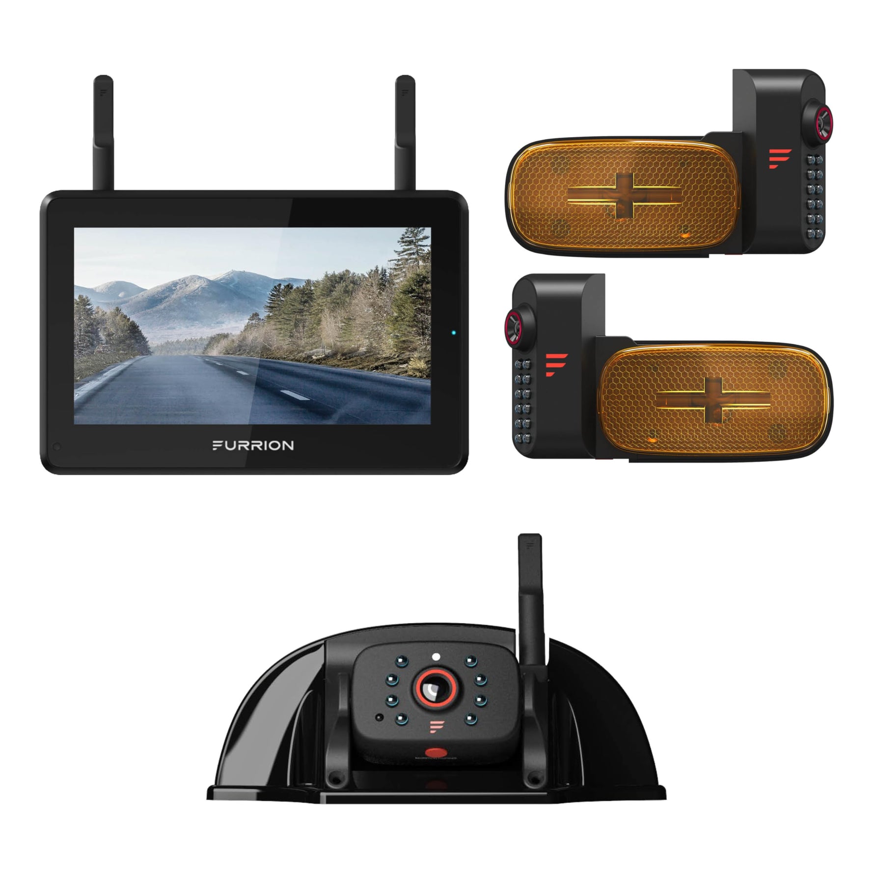 Furrion Vision S+ RV Observation System with 7" Monitor, Left/Right Side Cameras with LED Marker Lights, Sharkfin, Infrared Night Vision, Live Streaming, Wide Viewing Angle - FOS7HTAEN