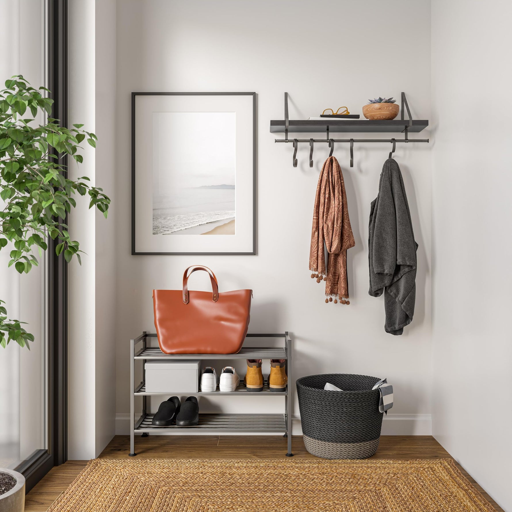 3-Tier Stackable 1" Slat Steel Frame Shoe Rack, 27.25"W x 12.75"D, Espresso | Interlocking modular design maximizes storage while the sturdy steel frame holds up to 12 pairs of shoes (Patented Design)