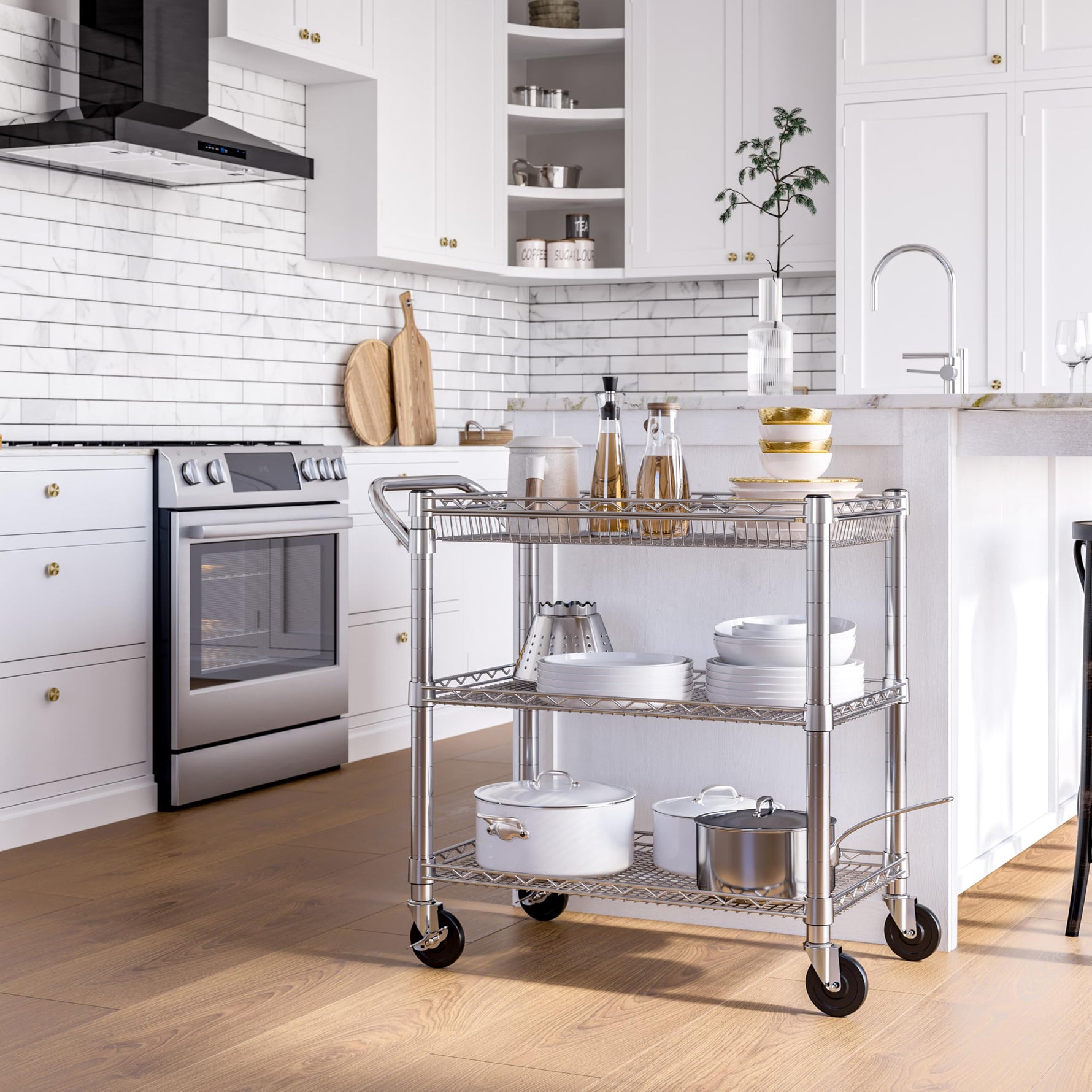 Seville Classics UltraDurable NSF Commercial Heavy Duty Metal Rolling Utility Cart, w/ Steel Shelves, Handle Bar for Restaurant, Garage, Warehouse, Kitchen, Office, Top Shelf (36"W x 18"D)