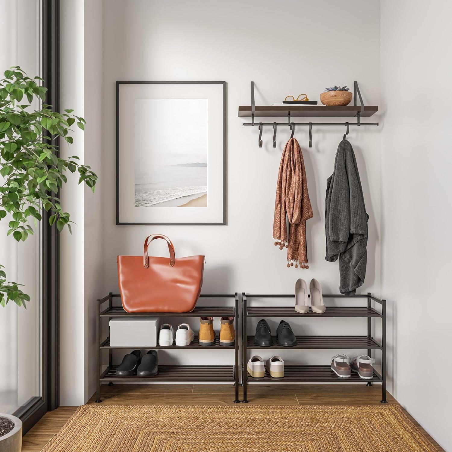 3-Tier Stackable 1" Slat Steel Frame Shoe Rack, 27.25"W x 12.75"D, Espresso | Interlocking modular design maximizes storage while the sturdy steel frame holds up to 12 pairs of shoes (Patented Design)