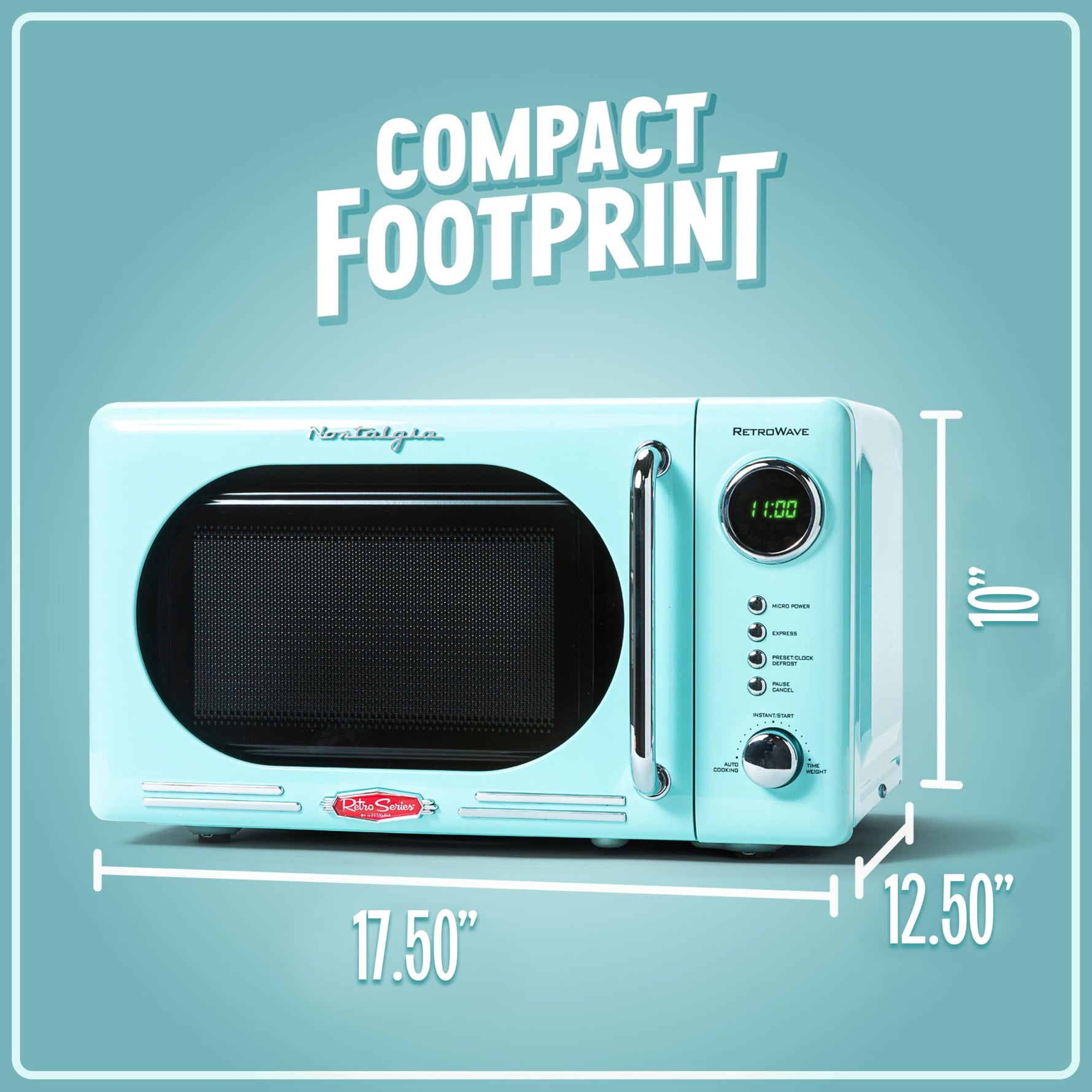 Nostalgia Countertop Microwave Oven with Easy Clean Interior - Retro Microwave with LED Display & Child Lock- Compact 0.7 Cu. Ft. Oven With 12 Pre-Programmed Settings for Quick Cooking- 700-Watts-Aqua