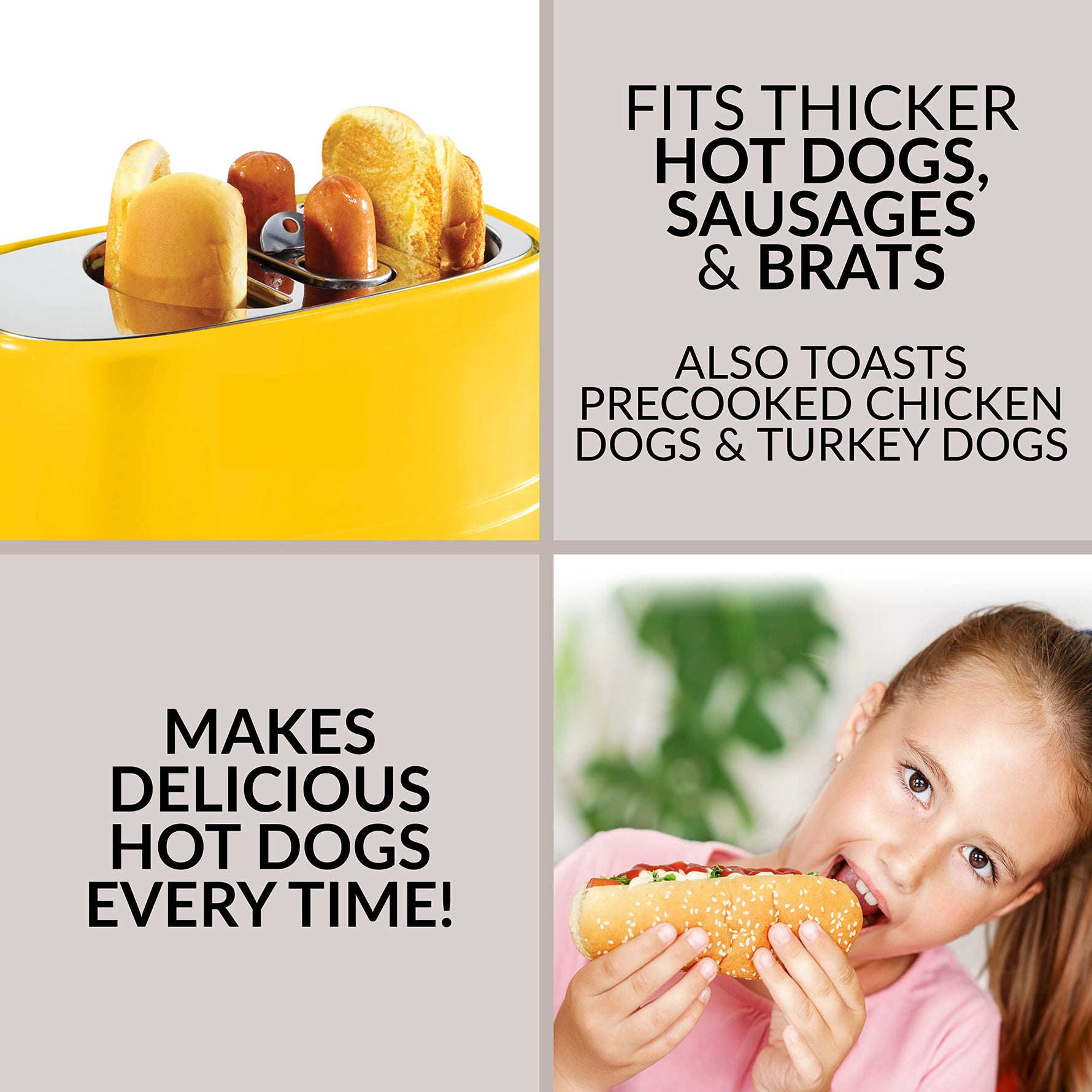 Oscar Mayer 2 Slot Hot Dog and Bun Toaster with Mini Tongs, Hot Dog Toaster Works with Chicken, Turkey, Veggie Links, Sausages and Brats, Yellow
