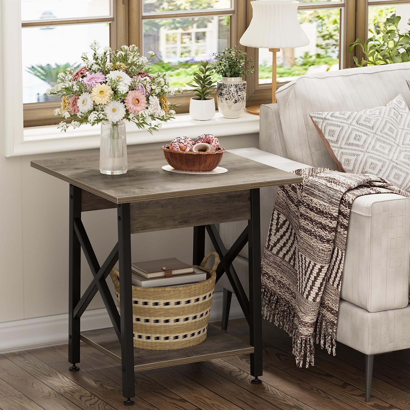GreenForest End Table 24 inch for Living Room, Large Square Side Tables with X-Frame, Tall Industrial Bedside Nightstand with 2-Tier Storage, Rustic Walnut
