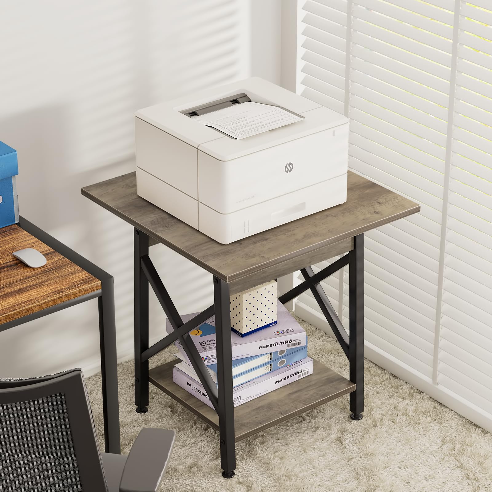 GreenForest End Table 24 inch for Living Room, Large Square Side Tables with X-Frame, Tall Industrial Bedside Nightstand with 2-Tier Storage, Rustic Walnut