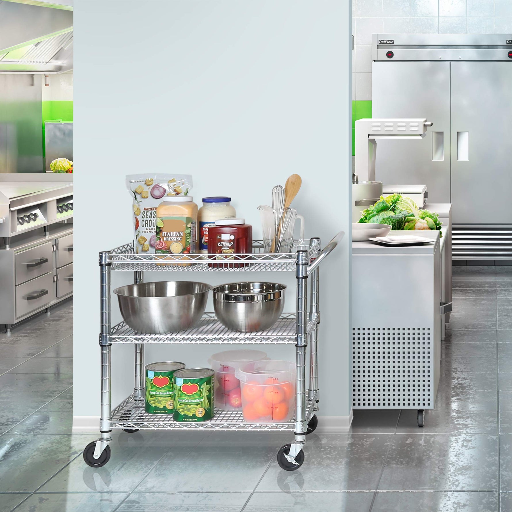 Seville Classics UltraDurable NSF Commercial Heavy Duty Metal Rolling Utility Cart, w/ Steel Shelves, Handle Bar for Restaurant, Garage, Warehouse, Kitchen, Office, Top Shelf (36"W x 18"D)