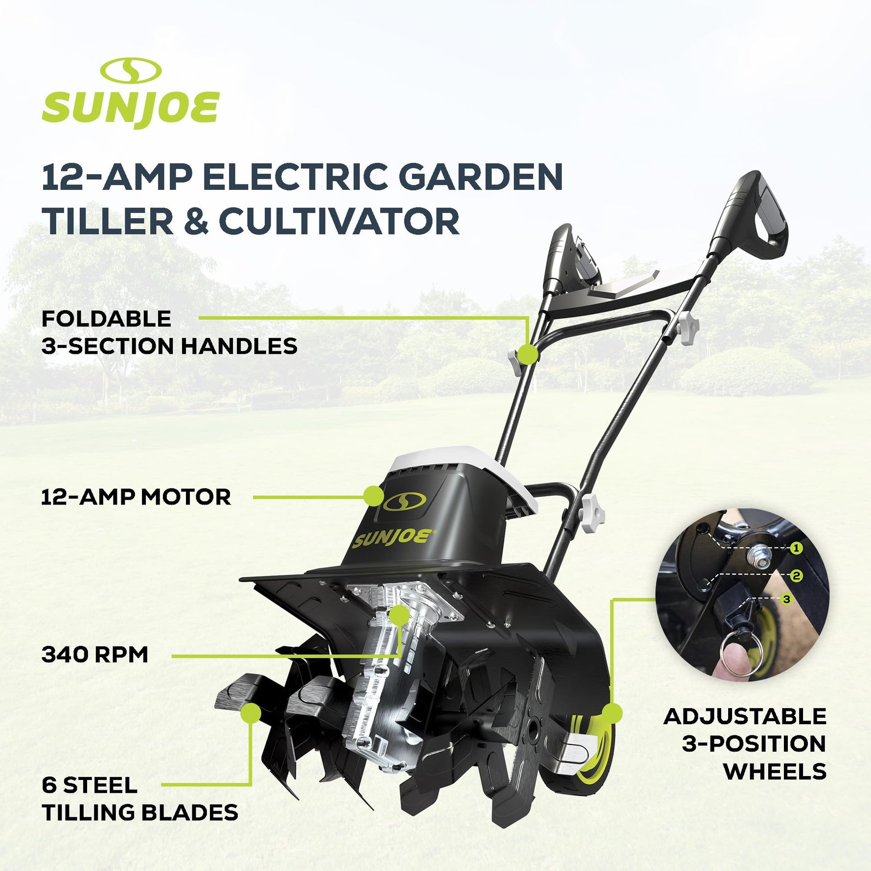 Sun Joe Corded Electric Garden Tiller & Cultivator with Steel Tines, 16 Inch, 12-Amp Motor - Heavy-Duty Tilling Machine for Lawn, Yard, and Gardening Care, TJ603E