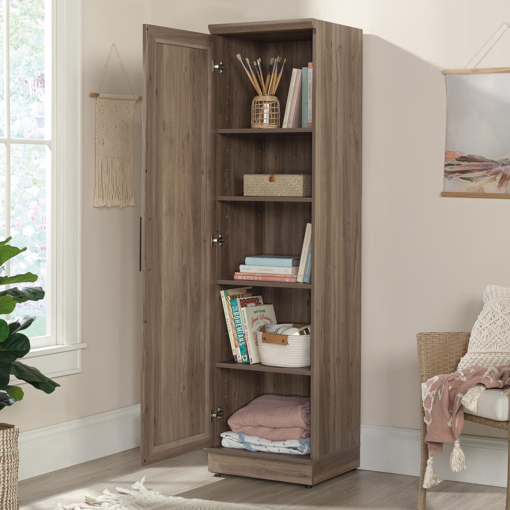 Sauder HomePlus Narrow Pantry Storage Cabinet Slim Single Door with Adjustable Shelves, Kitchen Storage Cabinet, in Soft White