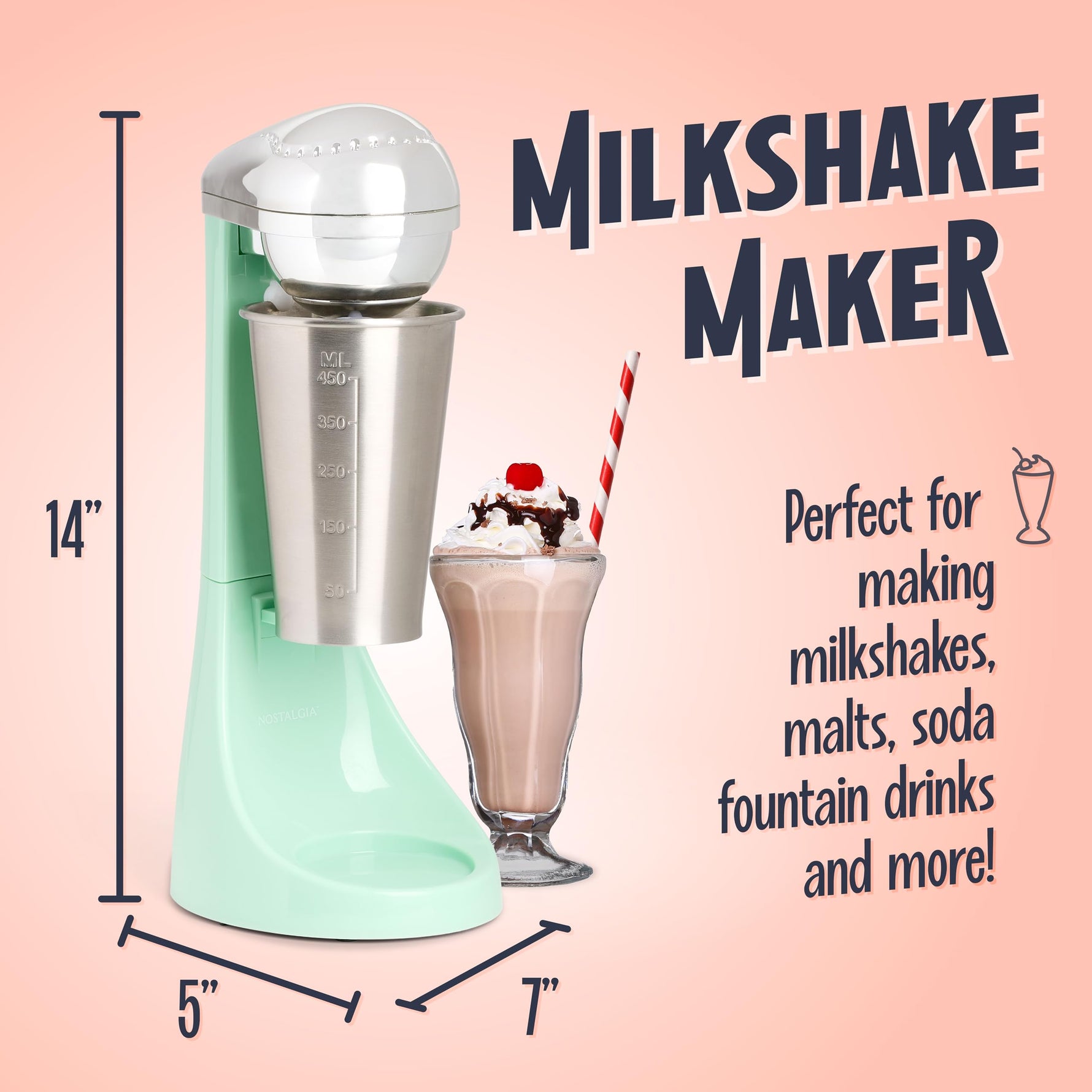 Nostalgia Two-Speed Electric Milkshake Maker and Drink Mixer, Includes 16-Ounce Stainless Steel Mixing Cup & Rod, Jade Green