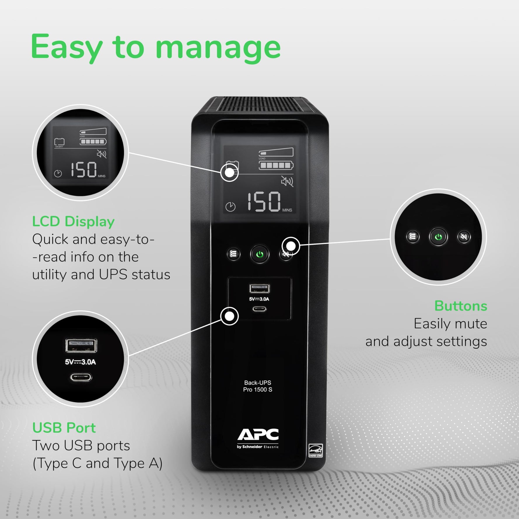 APC Back-UPS Pro Sinewave UPS, 1500VA/900W UPS Battery Backup & Surge Protector, AVR, 10 Outlets, LCD, USB-C Charging, UL Certified, BR1500MS2 Uninterruptible Power Supply for Computers, Electronics