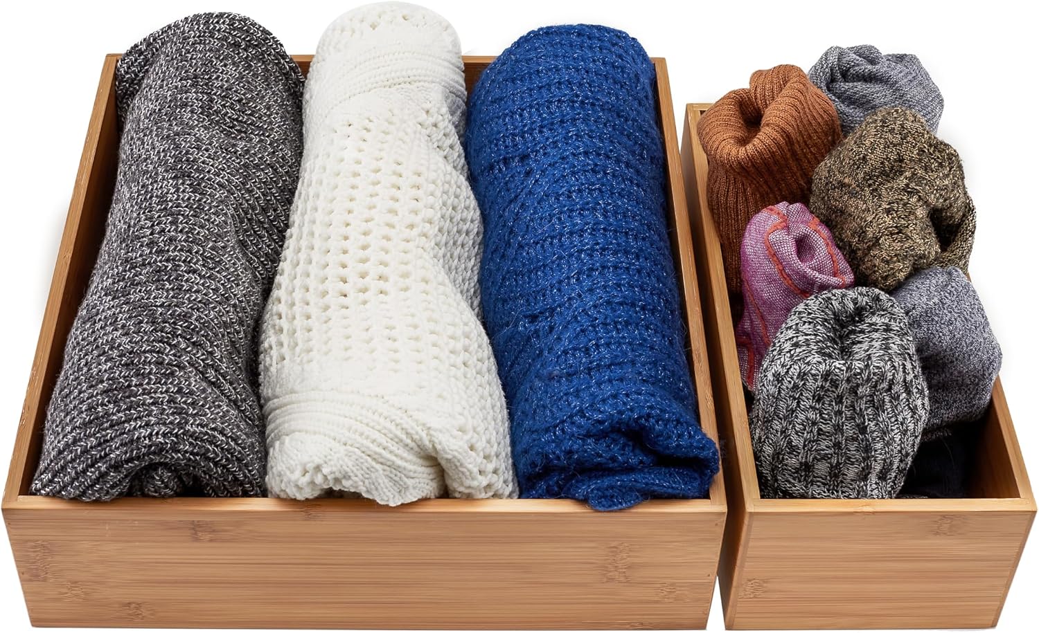 Seville Classics Bamboo Wood Storage Bins Organizer Boxes for Kitchen Counter, Pantry, Closet, Office Bedroom, Makeup, Bathroom, Nursery, K Cup, 5 Piece 3-Size (1 XL, 2L, 2M) Shelf Bin Set, Bamboo