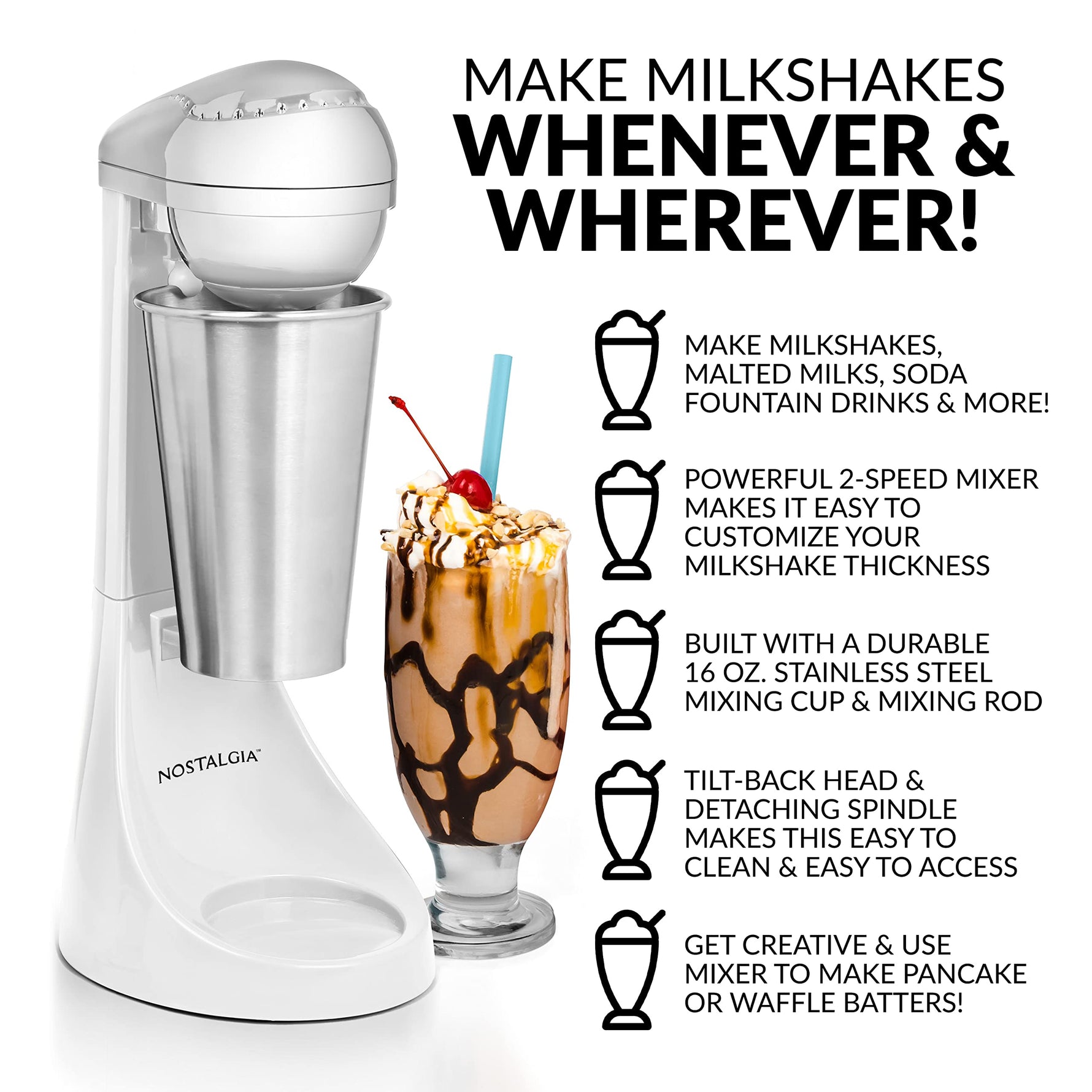 Nostalgia Two-Speed Electric Milkshake Maker and Drink Mixer, Includes 16-Ounce Stainless Steel Mixing Cup & Rod, Jade Green