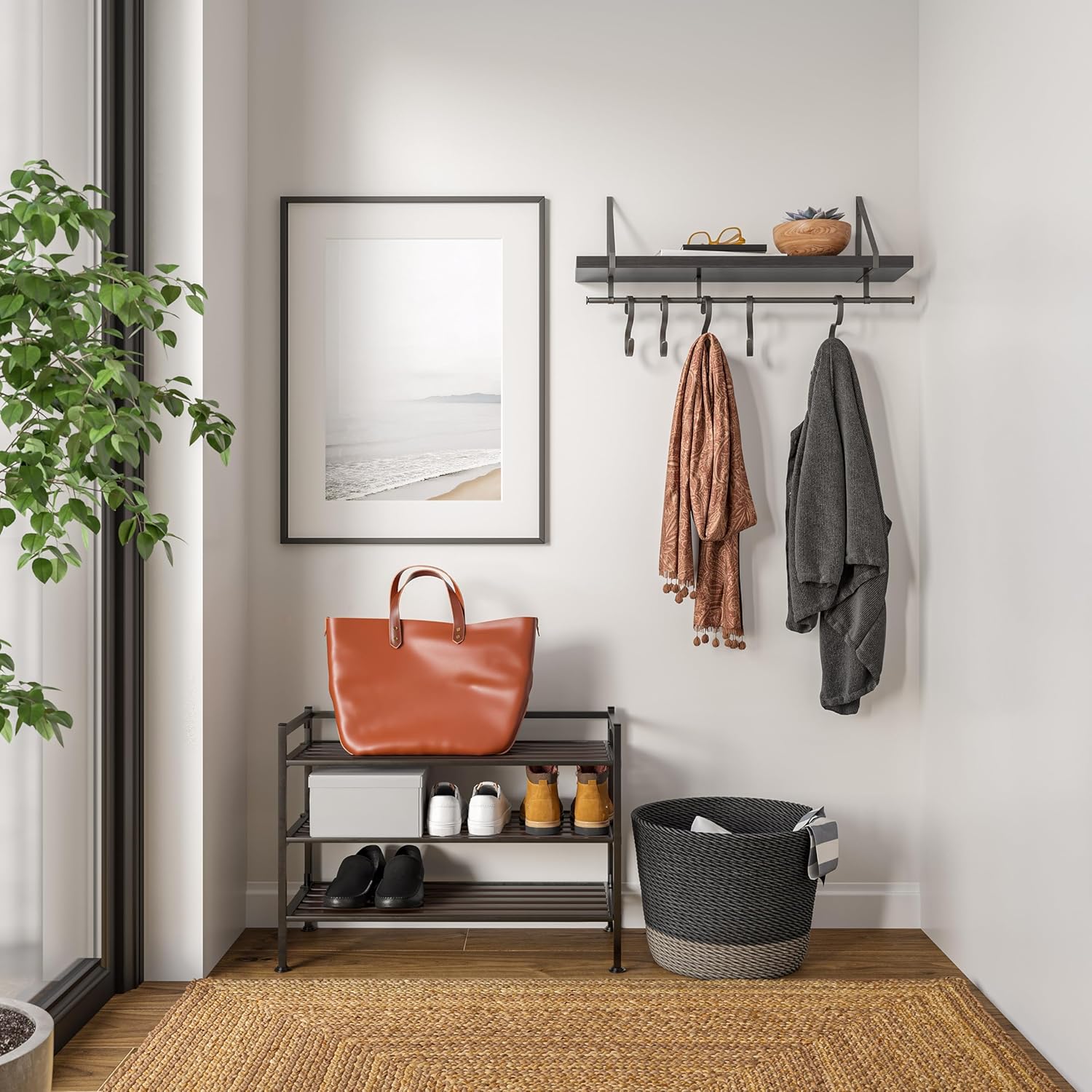 3-Tier Stackable 1" Slat Steel Frame Shoe Rack, 27.25"W x 12.75"D, Espresso | Interlocking modular design maximizes storage while the sturdy steel frame holds up to 12 pairs of shoes (Patented Design)