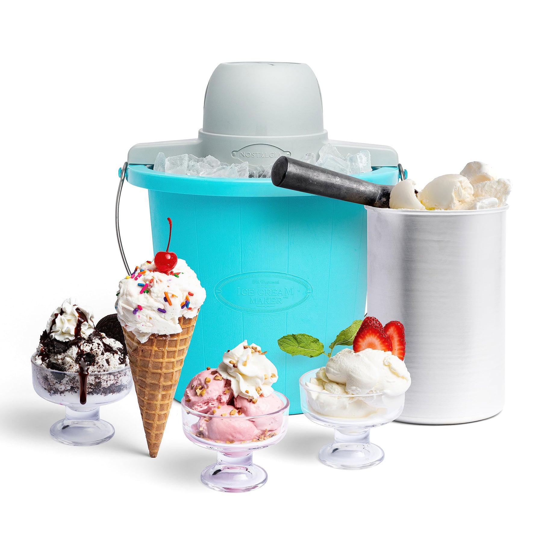 Nostalgia Electric Ice Cream Maker - Old Fashioned Soft Serve Ice Cream Machine Makes Frozen Yogurt or Gelato in Minutes - Fun Kitchen Appliance - Vintage Wooden Style - Dark Wood - 4 Quart