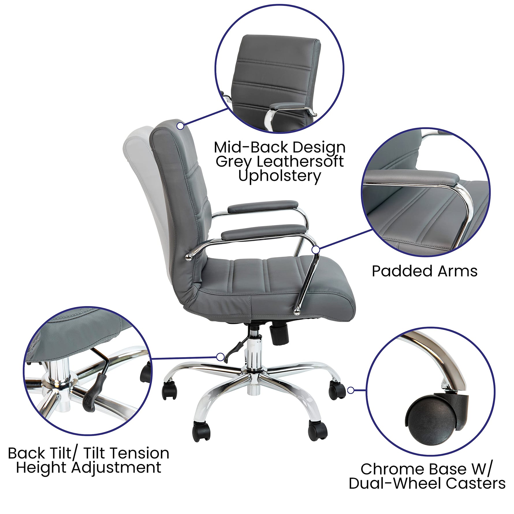 Flash Furniture Whitney Mid-Back Swivel LeatherSoft Desk Chair with Wheels, Padded Seat and Armrests, Adjustable Height Padded Office Chair, Black