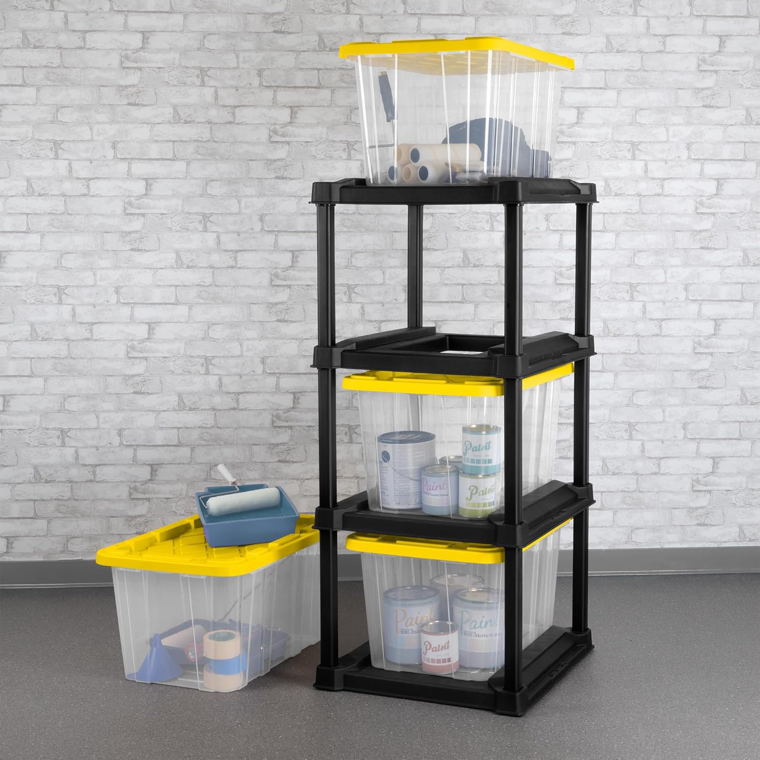 Sterilite Industrial Storage Tote with Lids for Garage, 27 Gallon, 4-Pack | Heavy-Duty and Stackable Utility Box Containers for Home, Office, and Basement Organization, Black/Yellow