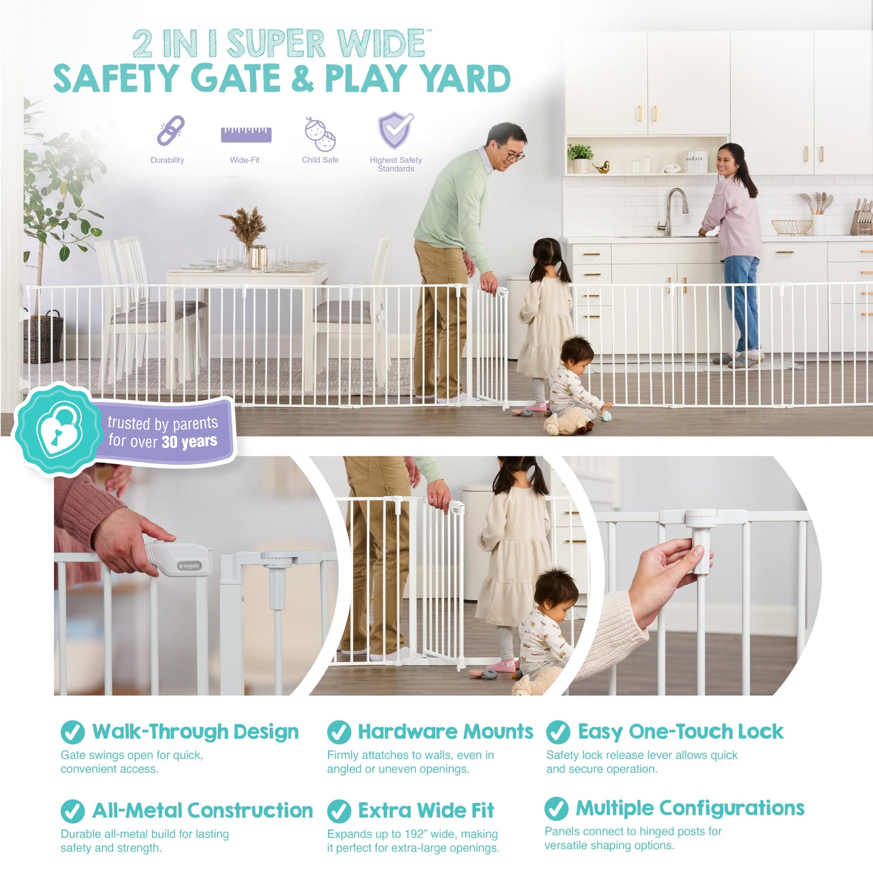 Regalo Safety 192" Super Wide Baby Gate & Play Yard, 2-in-1 Convertible Extra Wide Safety Barrier, Hardware Mounted for Toddlers & Pets, Tested & Safe for 30 Years, American Designed & Owned, White