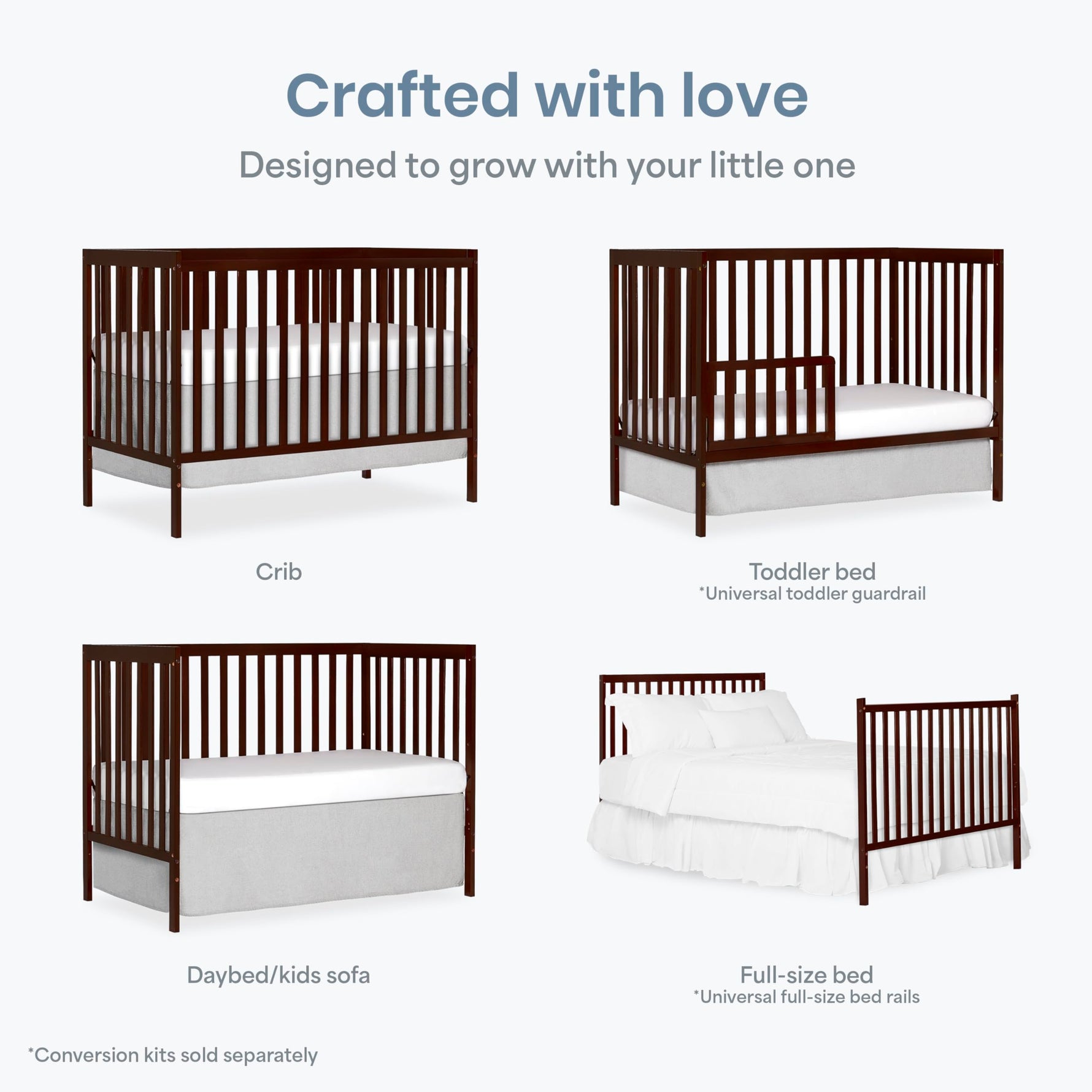 Dream On Me Synergy 5-in-1 Convertible Full-Size Baby Crib with Toddler, Day & Full Bed Conversion in White, GreenGuard Gold & BSA, 3 Mattress Heights, Sustainable Pinewood