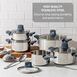 T-fal Essentials Stainless Steel Cookware Set, 2-Piece 8" and 10.5", Induction Compatible, Oven Safe 350F, Pots and Pans Set, Cooking Skillets, Cookware, Kitchen Frying Pans, Silver/Blue