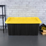 Sterilite Industrial Storage Tote with Lids for Garage, 27 Gallon, 4-Pack | Heavy-Duty and Stackable Utility Box Containers for Home, Office, and Basement Organization, Black/Yellow