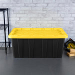Sterilite Industrial Storage Tote with Lids for Garage, 27 Gallon, 4-Pack | Heavy-Duty and Stackable Utility Box Containers for Home, Office, and Basement Organization, Black/Yellow