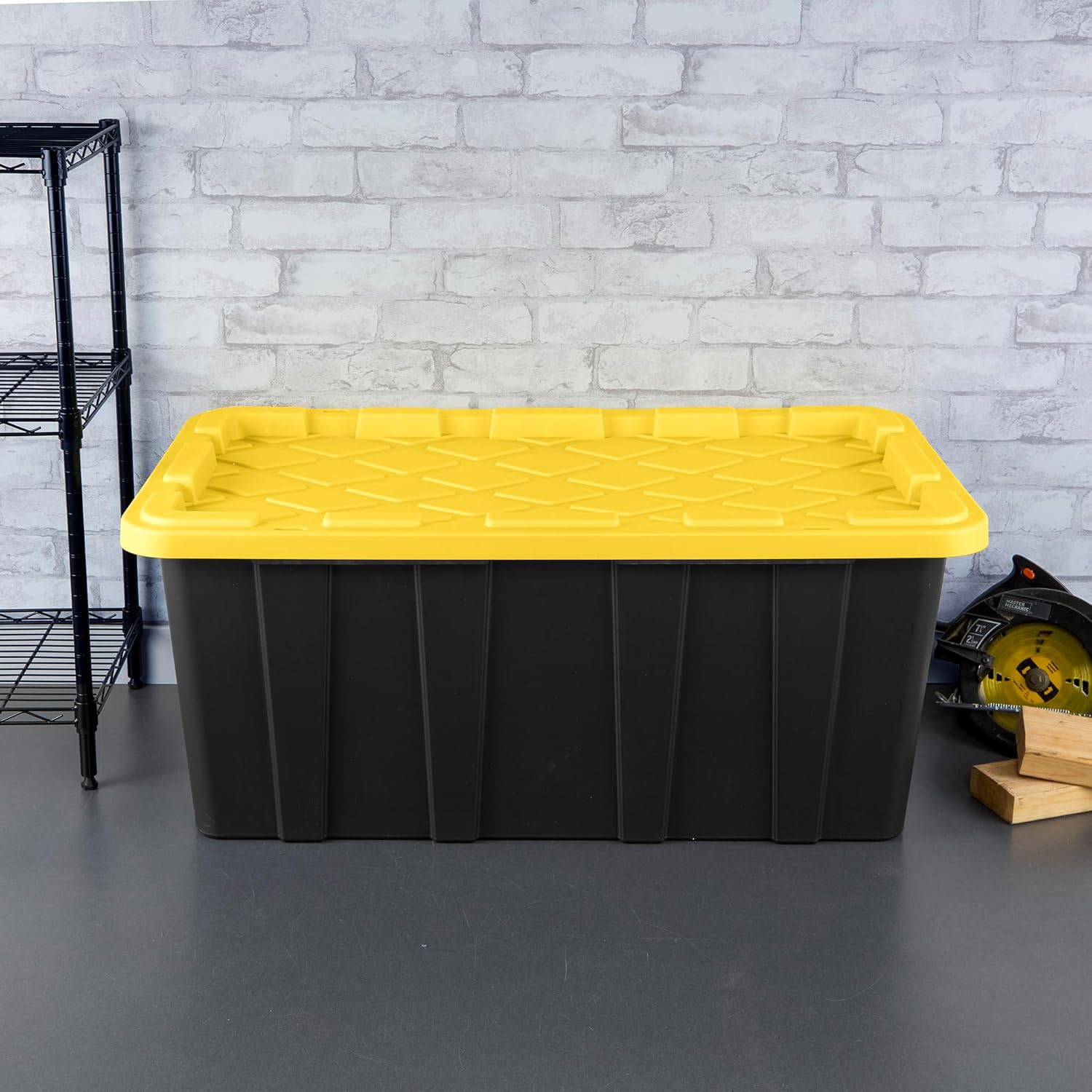 Sterilite Industrial Storage Tote with Lids for Garage, 27 Gallon, 4-Pack | Heavy-Duty and Stackable Utility Box Containers for Home, Office, and Basement Organization, Black/Yellow