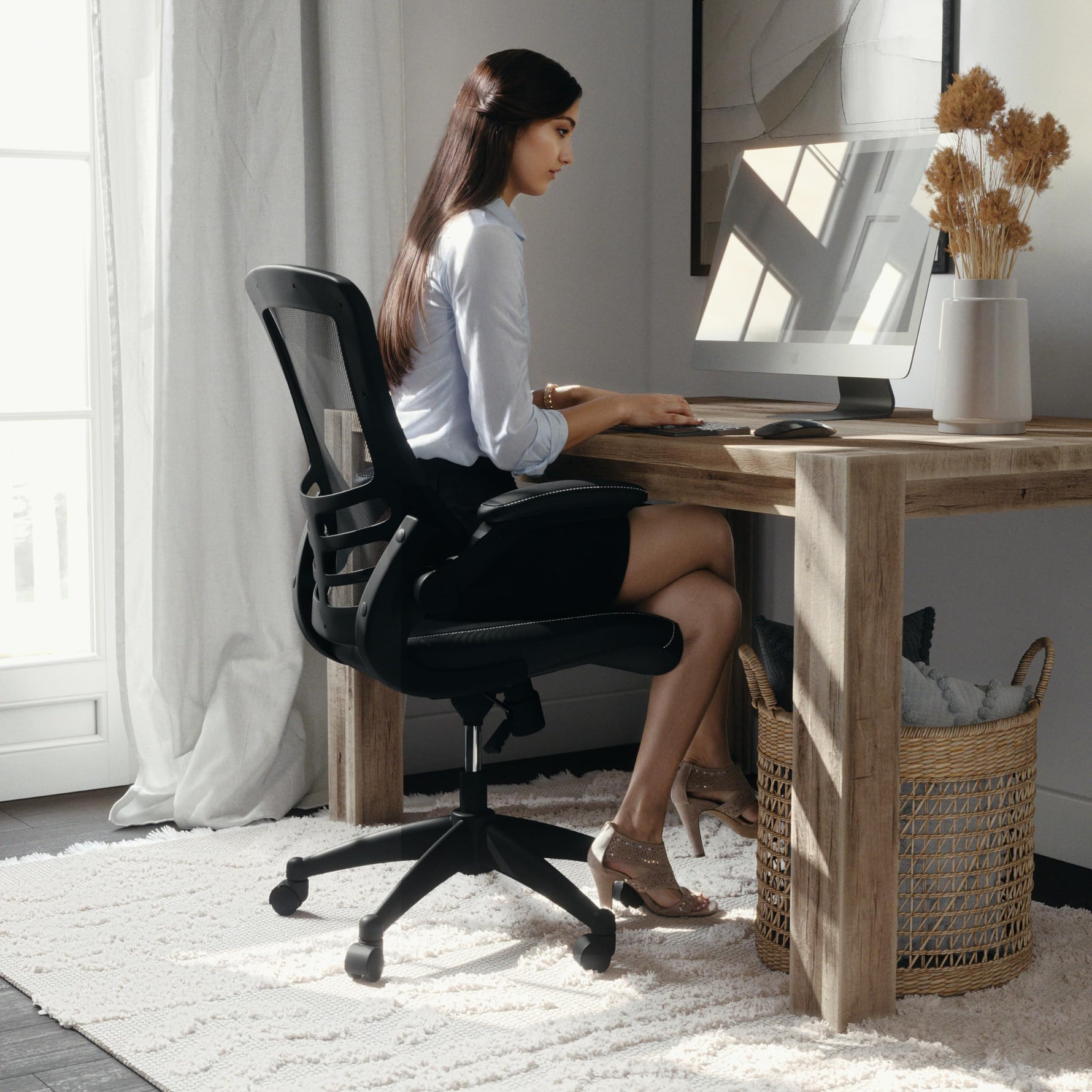 Flash Furniture Kelista Mid-Back Swivel Office Chair with Adjustable Seat Height, Ergonomic Mesh Desk Chair with Flip-Up Armrests, Black