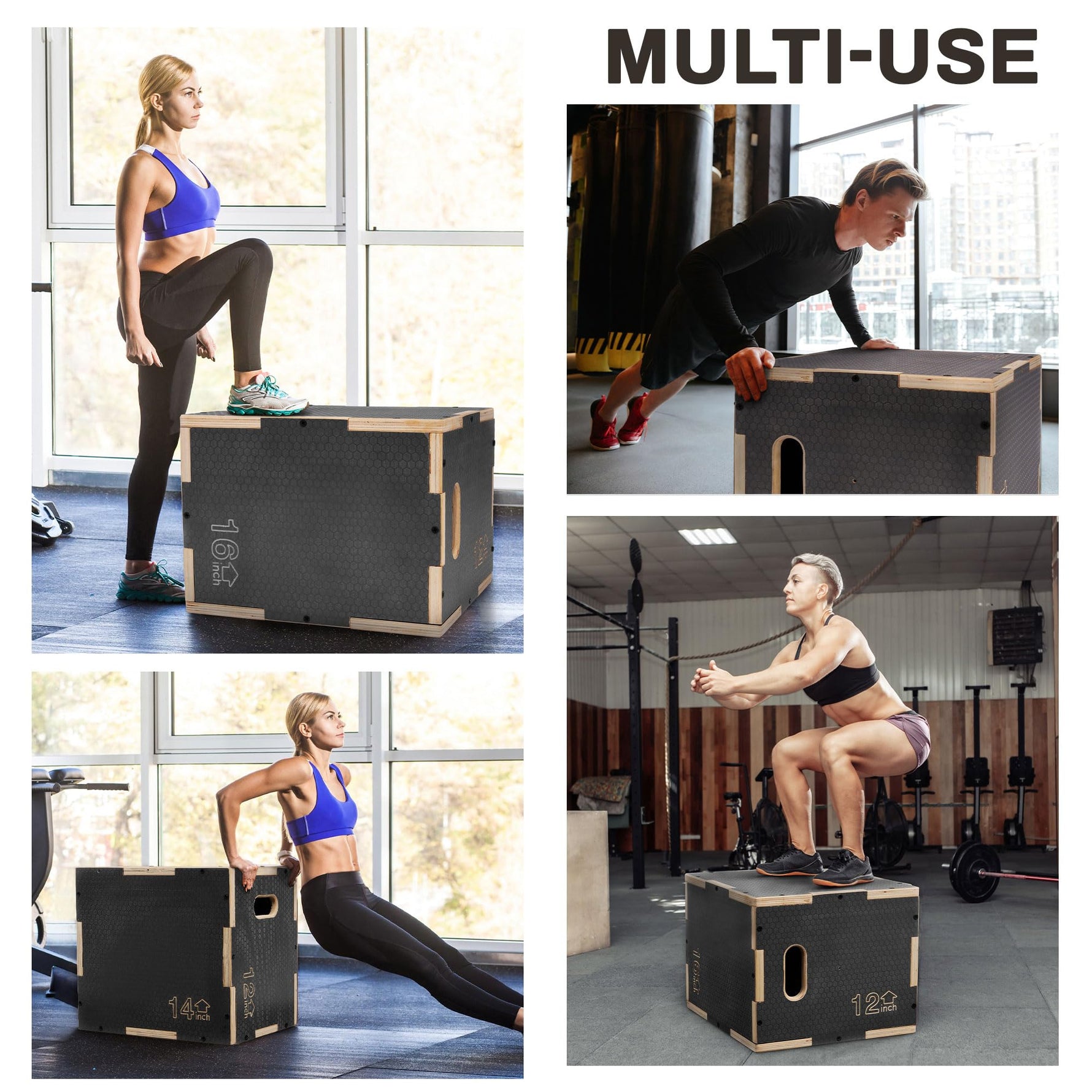 Fitvids 16" x 14" x 12" Non-Slip Wooden Plyo Box Jump Exercise Platform, Plyometric Workout Equipment for Home Gym, Training Step Box, Black