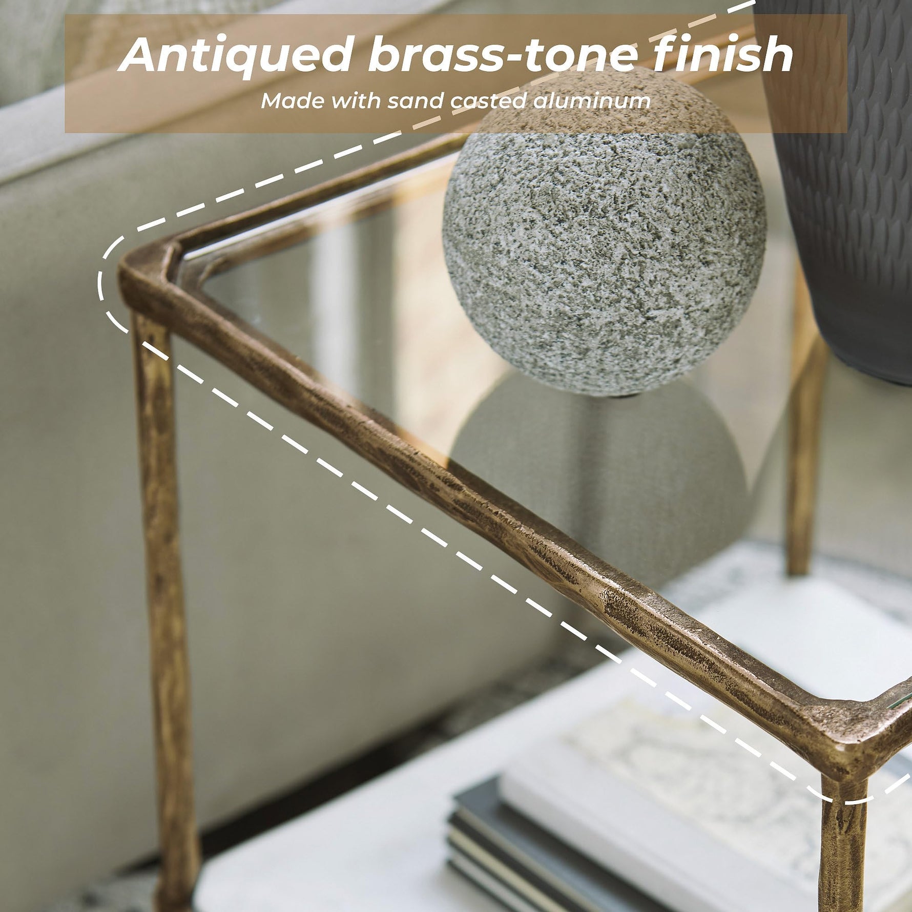 Signature Design by Ashley Ryandale Square Accent Table for Living Room, Sand‑Casted Aluminum Frame With Brass Finish, Glass Top and White Marble Shelf, 21" Size