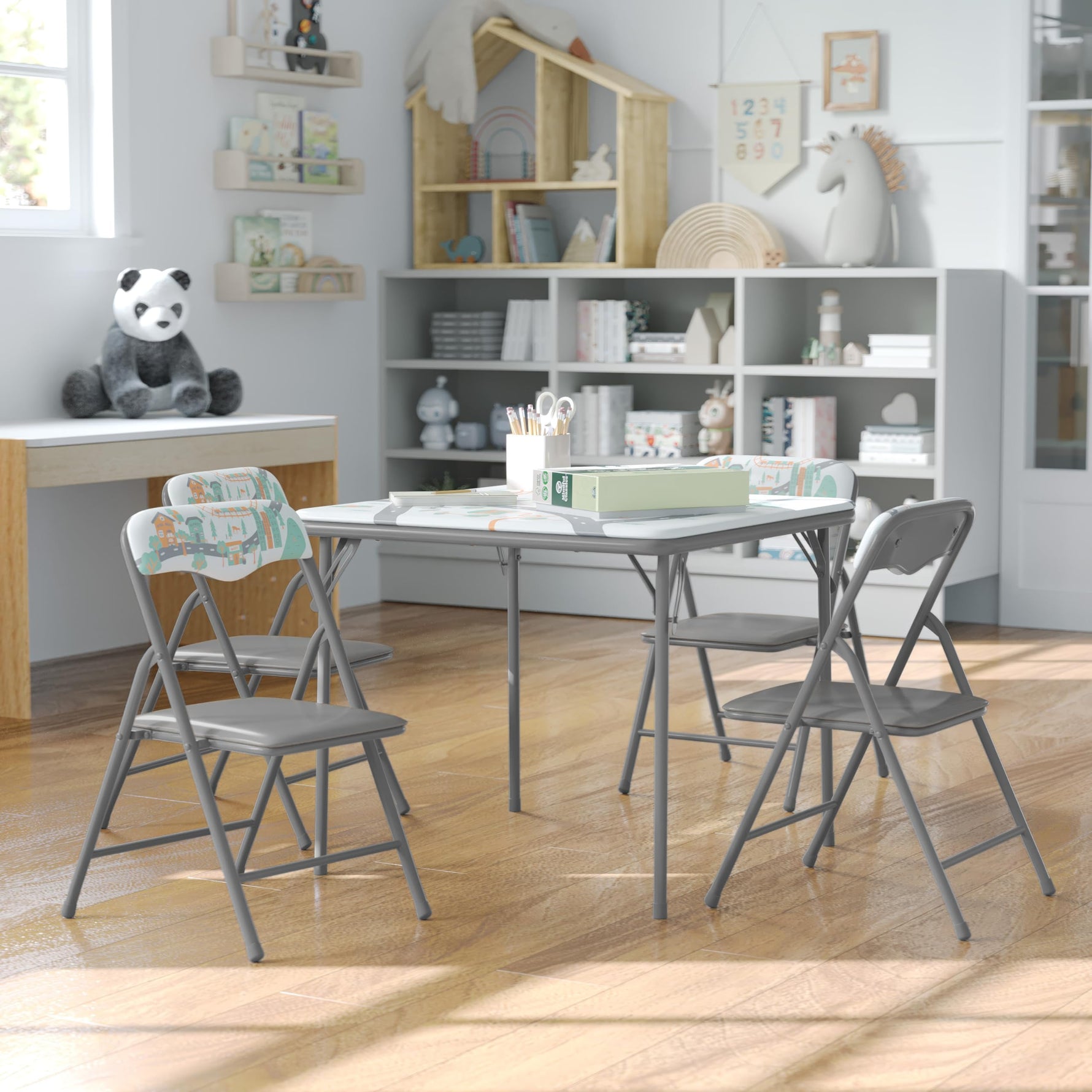 Flash Furniture Mindy Kids 5-Piece set Folding Square Table and Chairs Set for Daycare and Classrooms, Children's Activity Table and Chairs Set, Multicolor