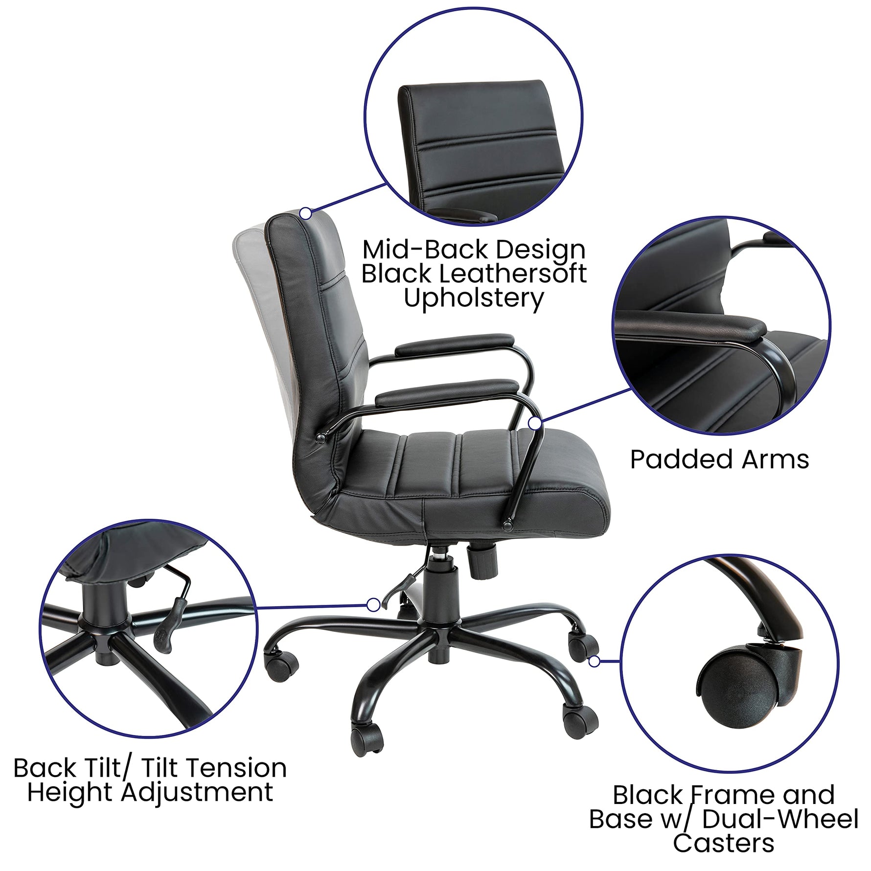 Flash Furniture Whitney Mid-Back Swivel LeatherSoft Desk Chair with Wheels, Padded Seat and Armrests, Adjustable Height Padded Office Chair, Black