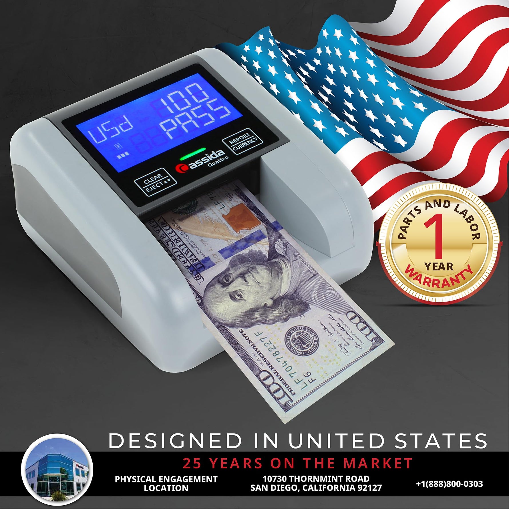Cassida Quattro Fast Automatic Currency Counterfeit Detector with Advanced Sensors (UV,MG,IR,MT,Thickness,Size) - All-Orientation Feeding - Rechargeable Battery - 3.5" Value (Pass/Fail + UV/MG)