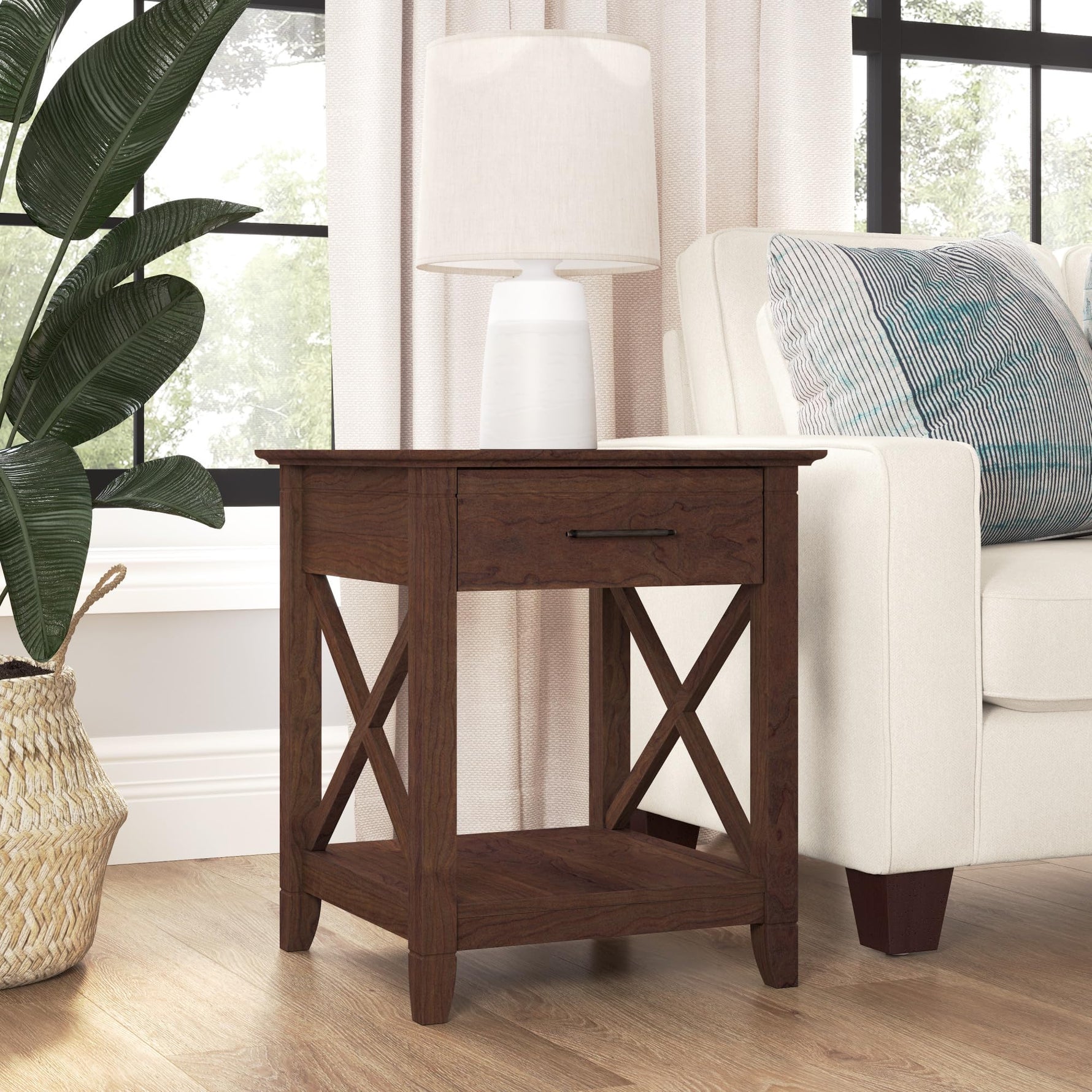 Bush Home End Table with Drawer, Nightstand with Storage, Living Room and Bedroom Furniture, Key West Collection, Washed Gray