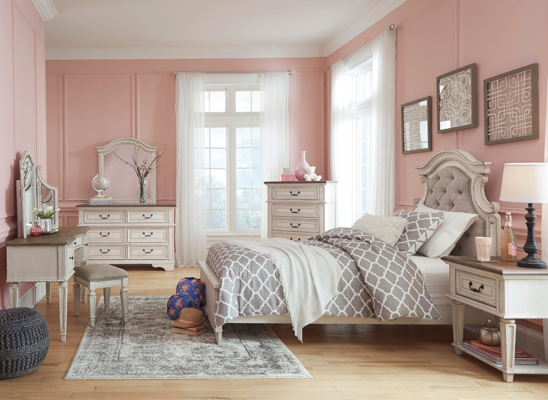 Signature Design By Ashley Realyn French Country Youth 6 Drawer Dresser, Chipped White & Brown