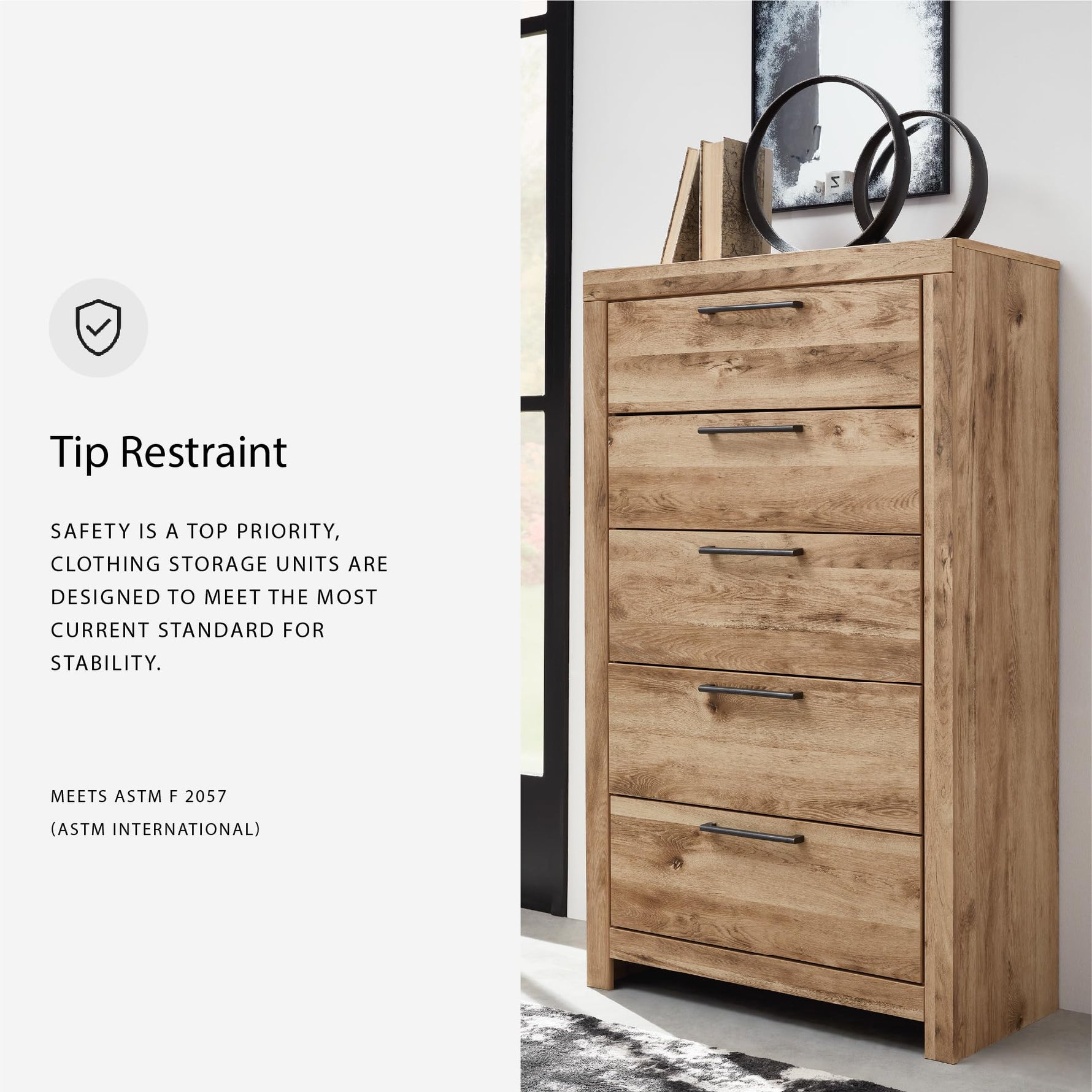 Signature Design by Ashley Cayboni Vintage 5 Drawer Wide Chest with Safety Stop for Bedroom, White
