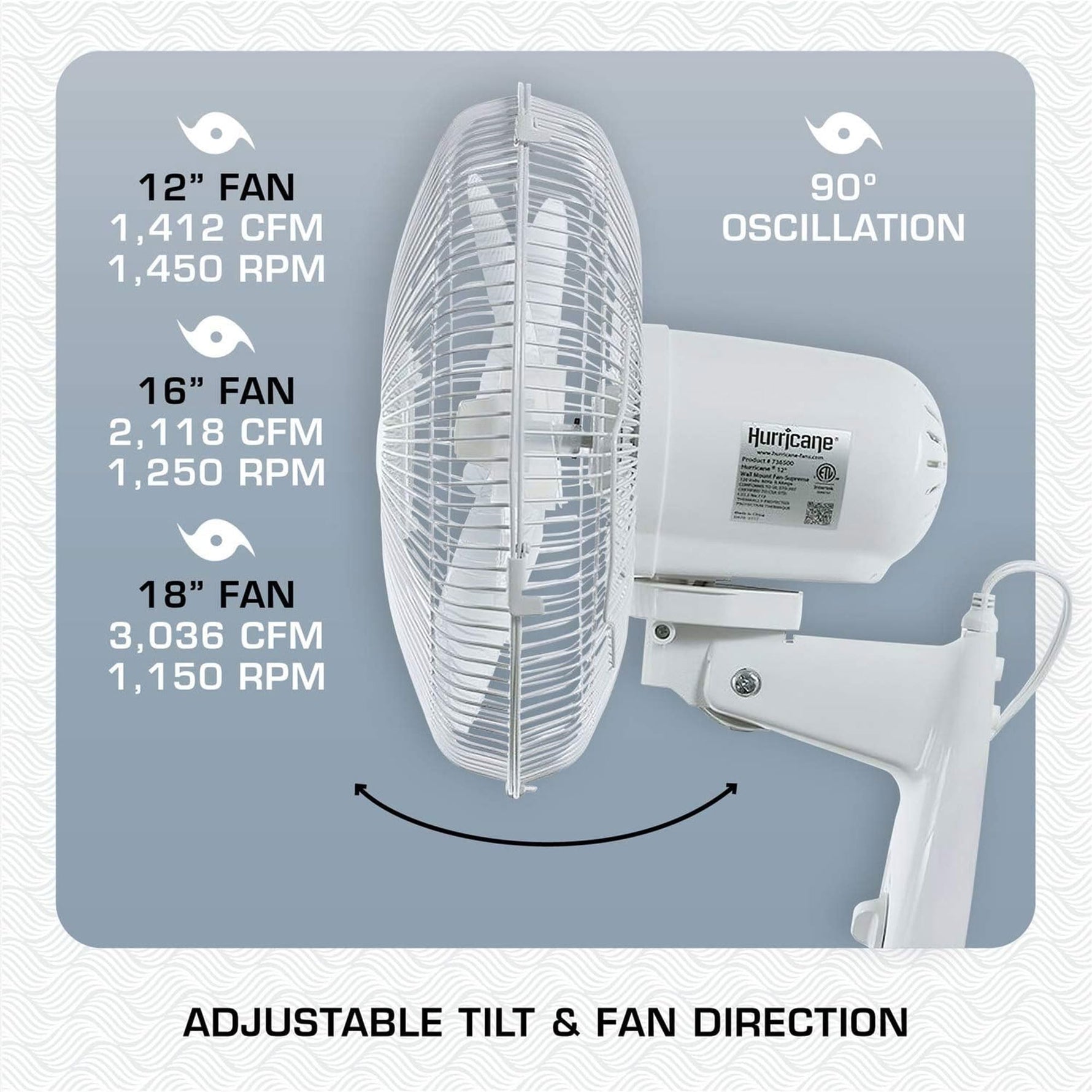Hurricane 16" Supreme Oscillating Wall Mount Fan w/ 3 Quiet Speeds, White - Corded Electric Air Cooling Unit w/ Easy Pull Cord Controls for Homes, Greenhouses, Garages, Workshops & Gyms