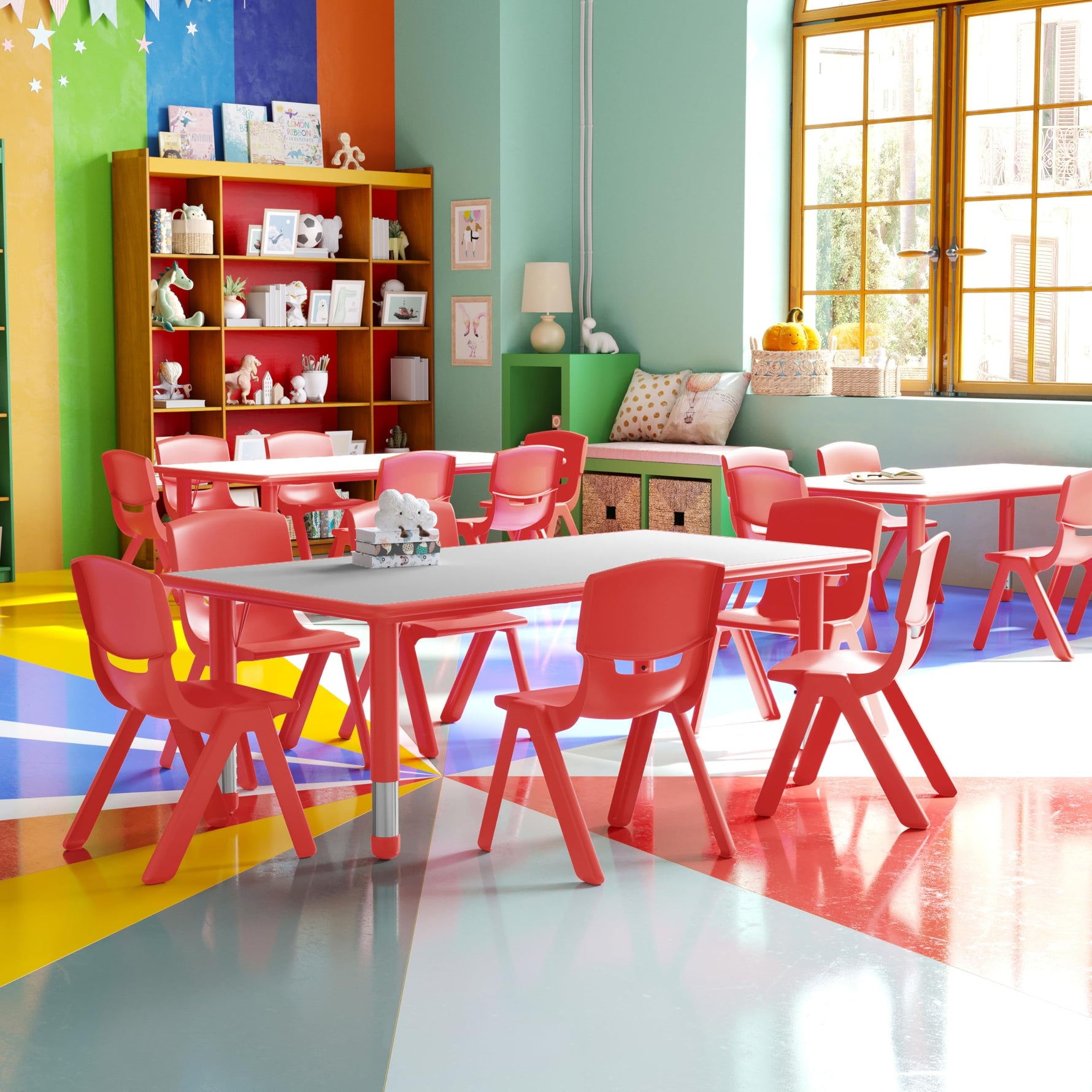 Flash Furniture Emmy Adjustable Classroom Activity Table with 6 Stackable Chairs, Plastic Activity Table for Kids, 23.625" W x 47.25" L, Blue/Gray