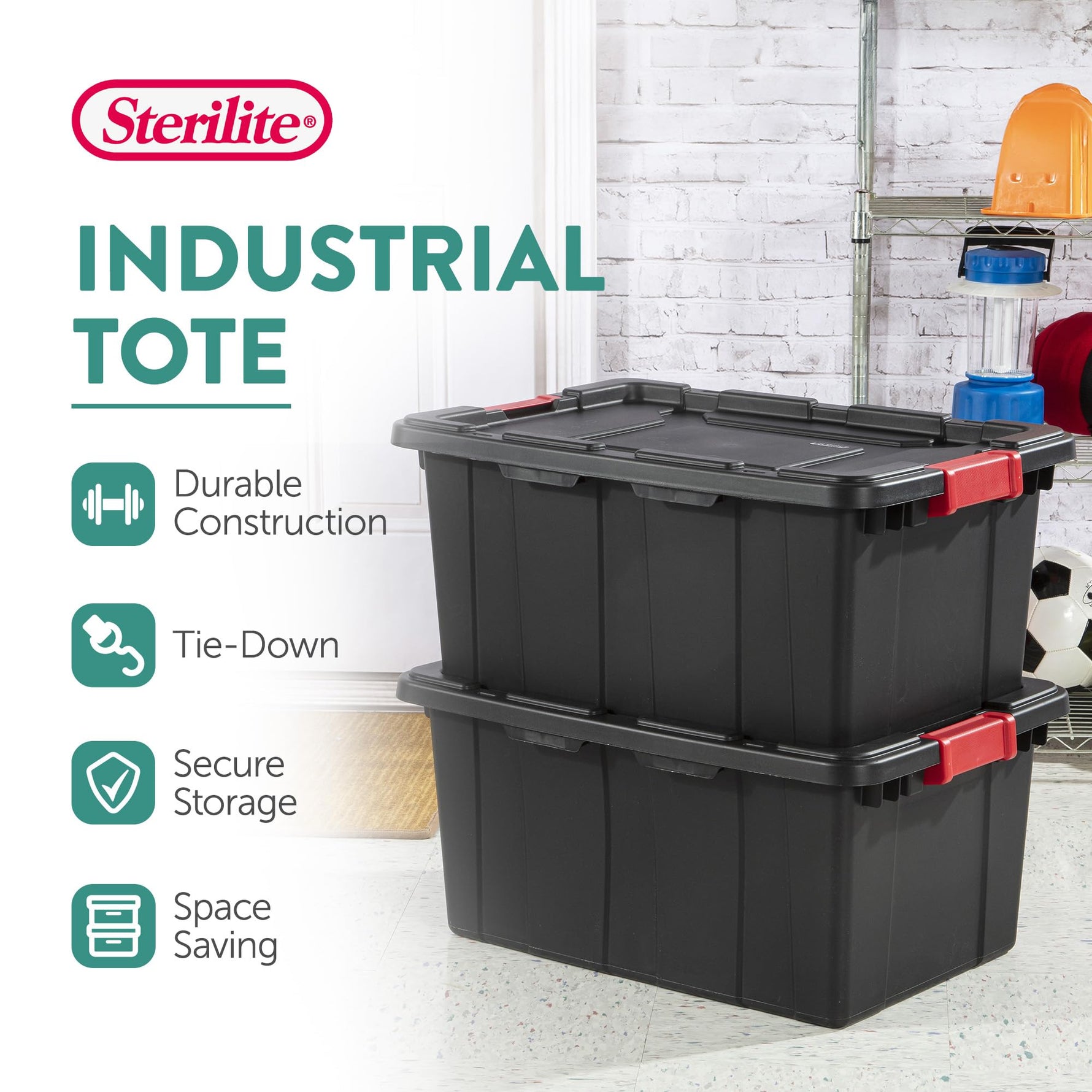 Sterilite 6-Pack Industrial Tote, Plastic Storage Bins with Lids, 15 Gallon, Black - Heavy-Duty Organizing Containers for Closet, Bathroom, and Office