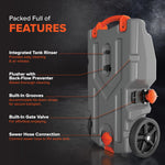Camco Rhino 36-Gallon RV Tote Tank - Features Large Heavy-Duty No-Flat Wheels & Built-in Gate Valve - Removable Steel Tow Adapter, 3’ Sewer Hose & More RV Accessories (39006)
